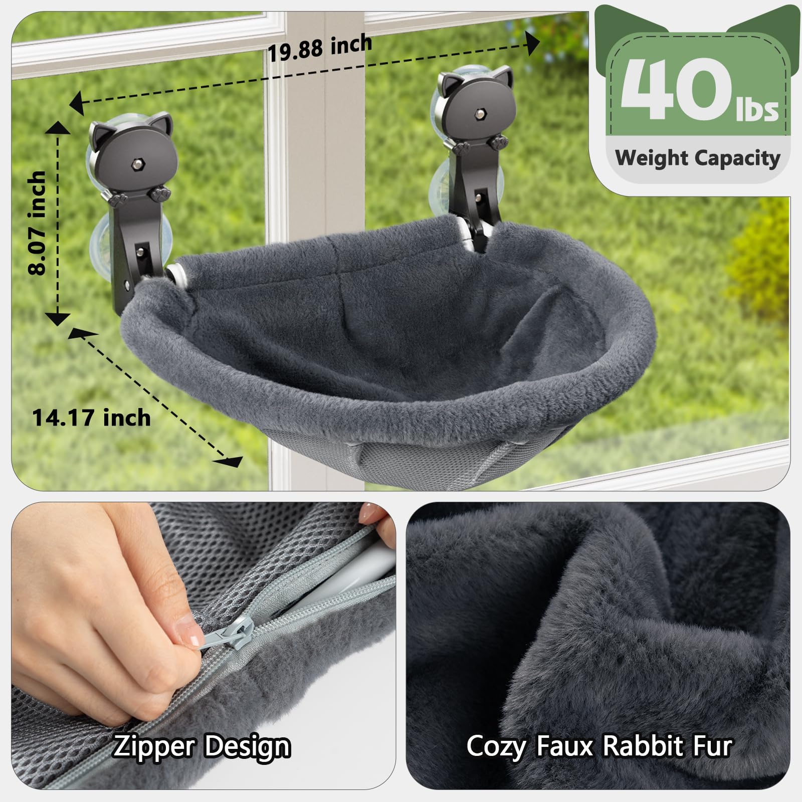 JUNSPOW Cordless Cat Window Perch – Foldable Mesh & Faux Fur Hammock