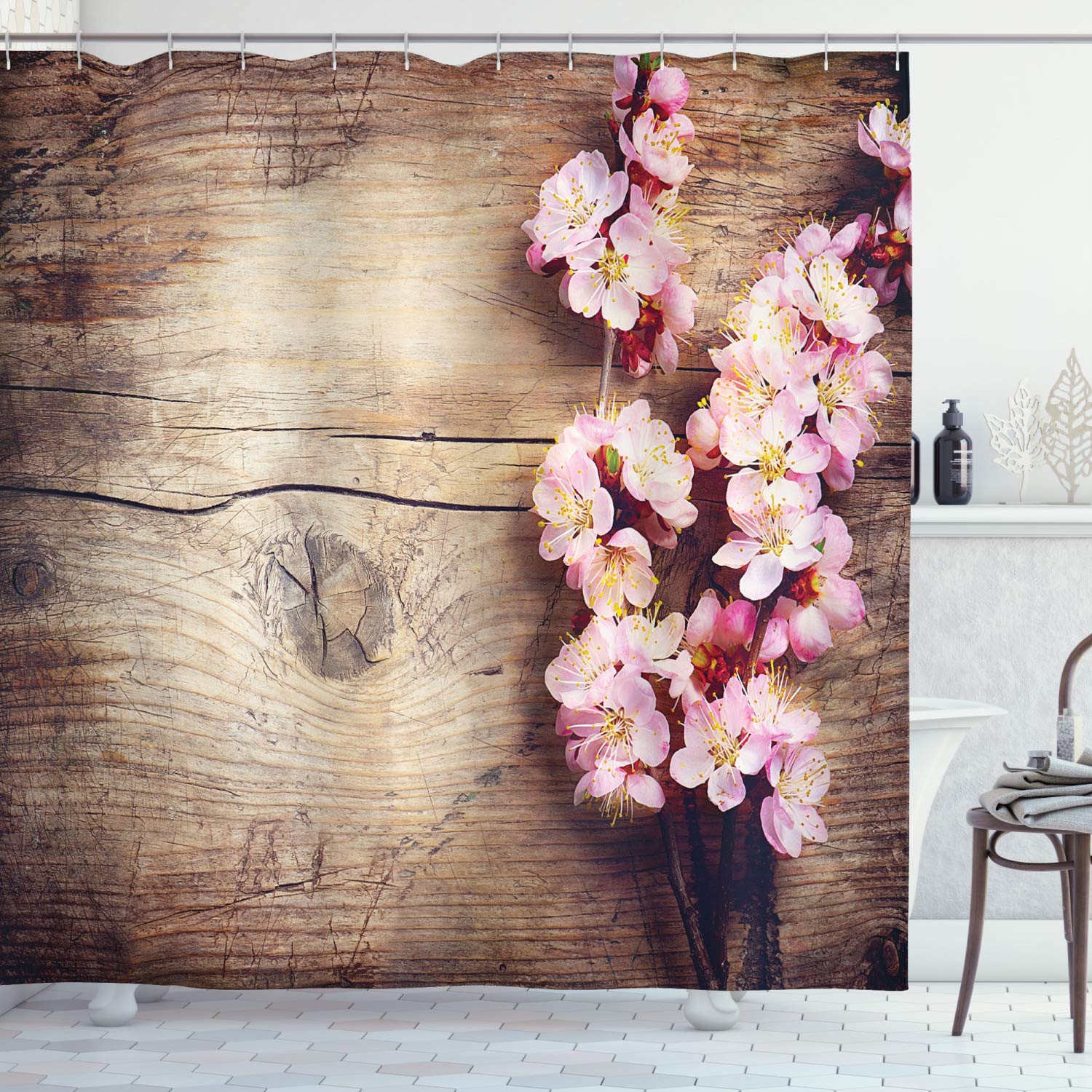ABAKUHAUS Floral Fabric Shower Curtain – Waterproof Farmhouse Decor
