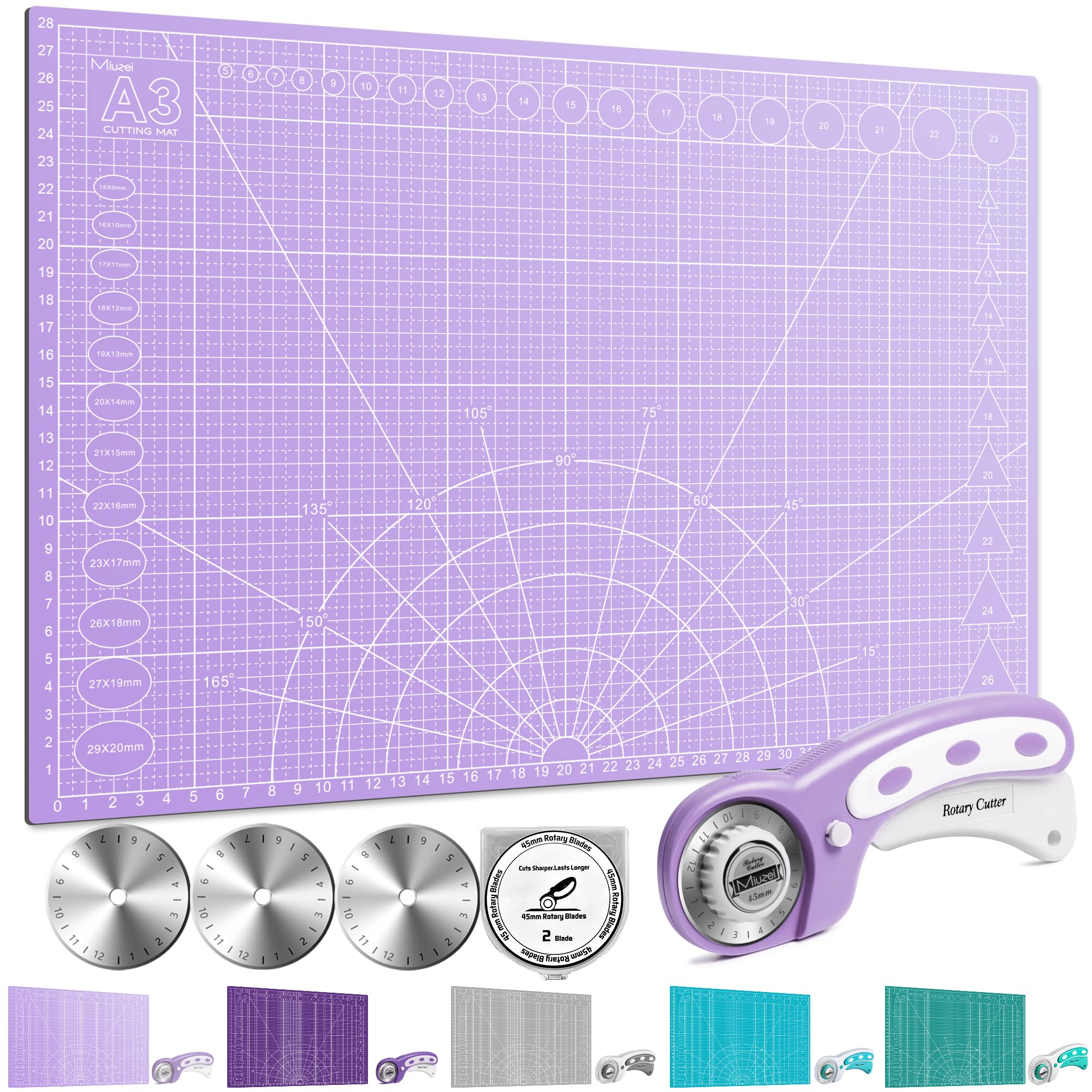 Miuzei Rotary Cutter Set | A3 Self-Healing Mat & 45mm Fabric Cutter - Purple