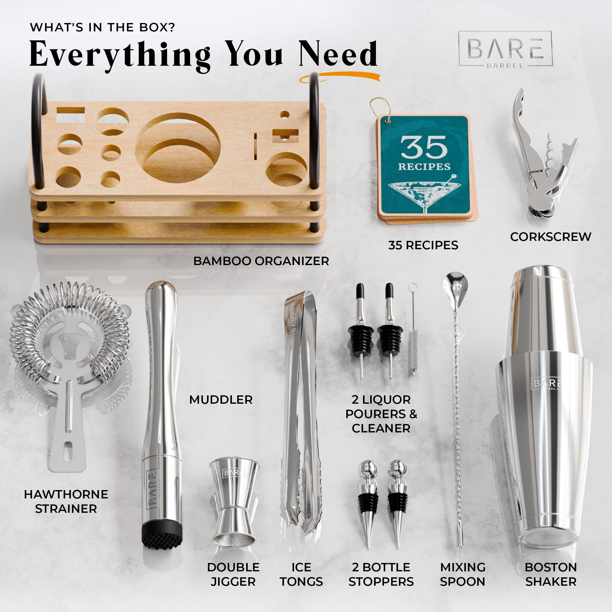 Bare Barrel 14-Piece Cocktail Making Kit with Bamboo Stand & Recipes