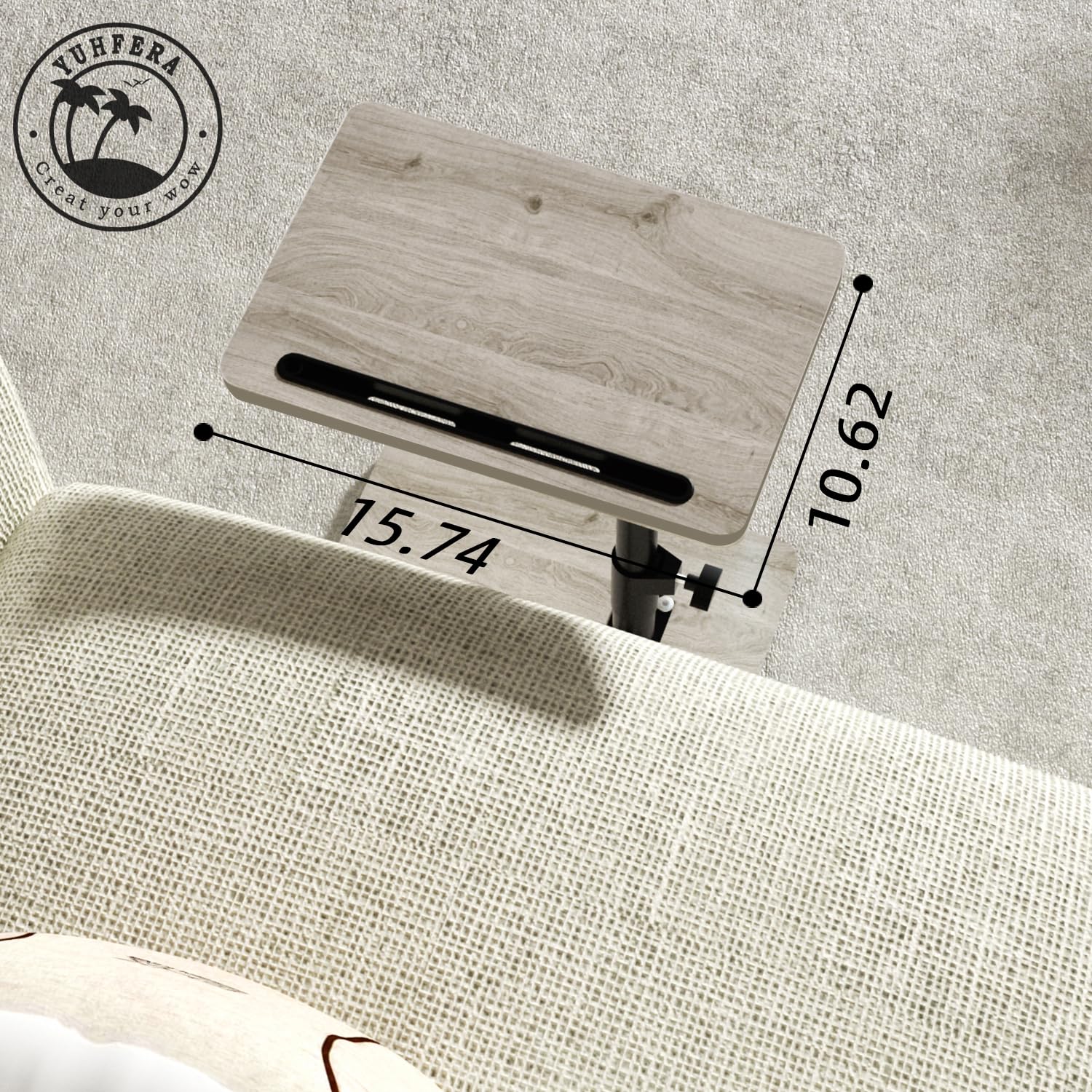 YUHFERA C-Shaped Side Table – 360° Swivel Height Adjustable Sofa Tray