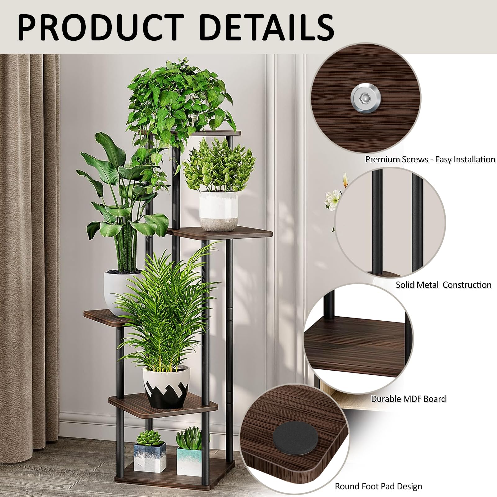 VASZOLA 5 Tier Wood Plant Stand – Tall Metal Indoor Outdoor Rack
