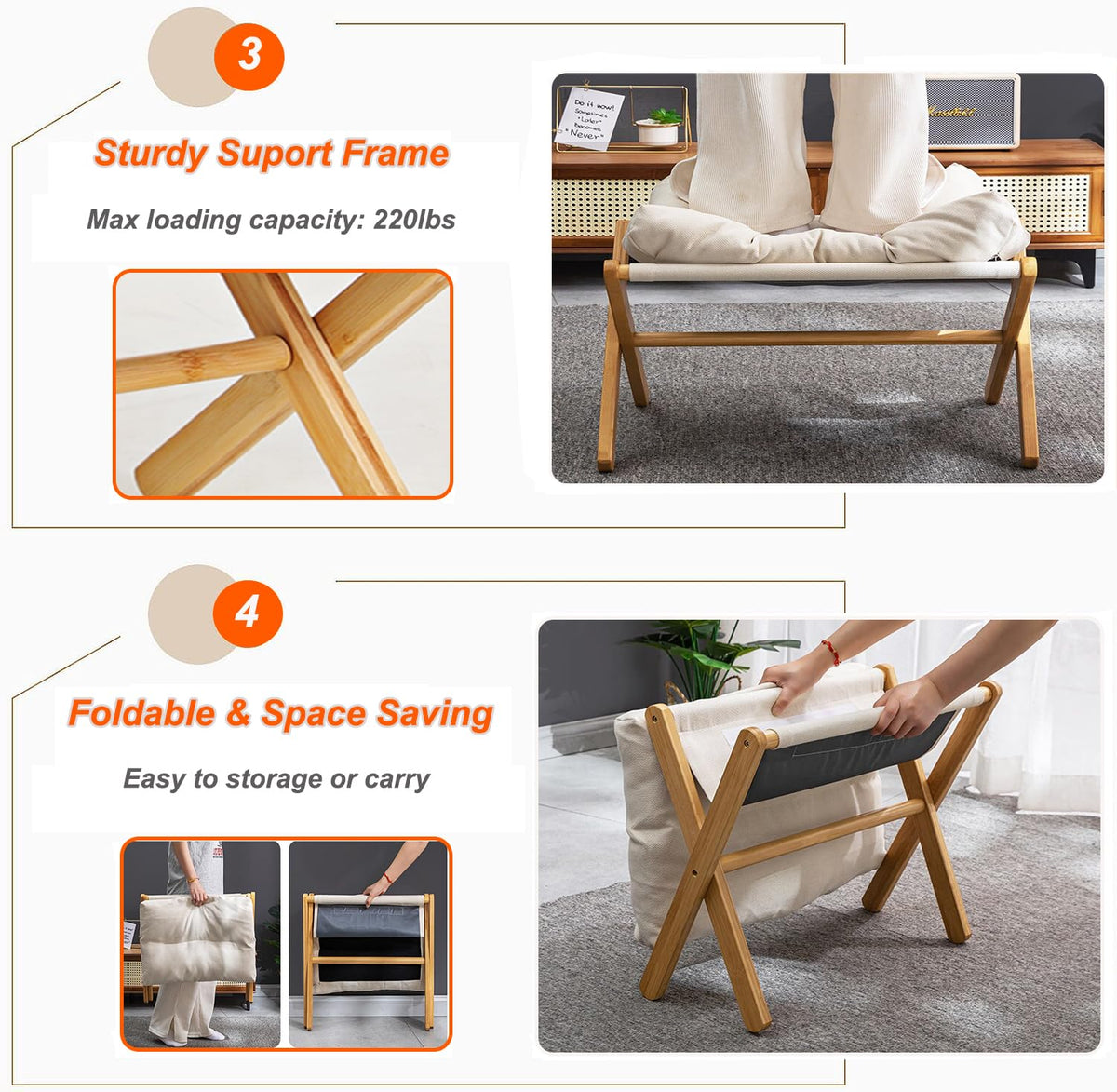 bimiti Foot Stool Bamboo Folding Foot Rest Foldable Ottoman Seat - image 5