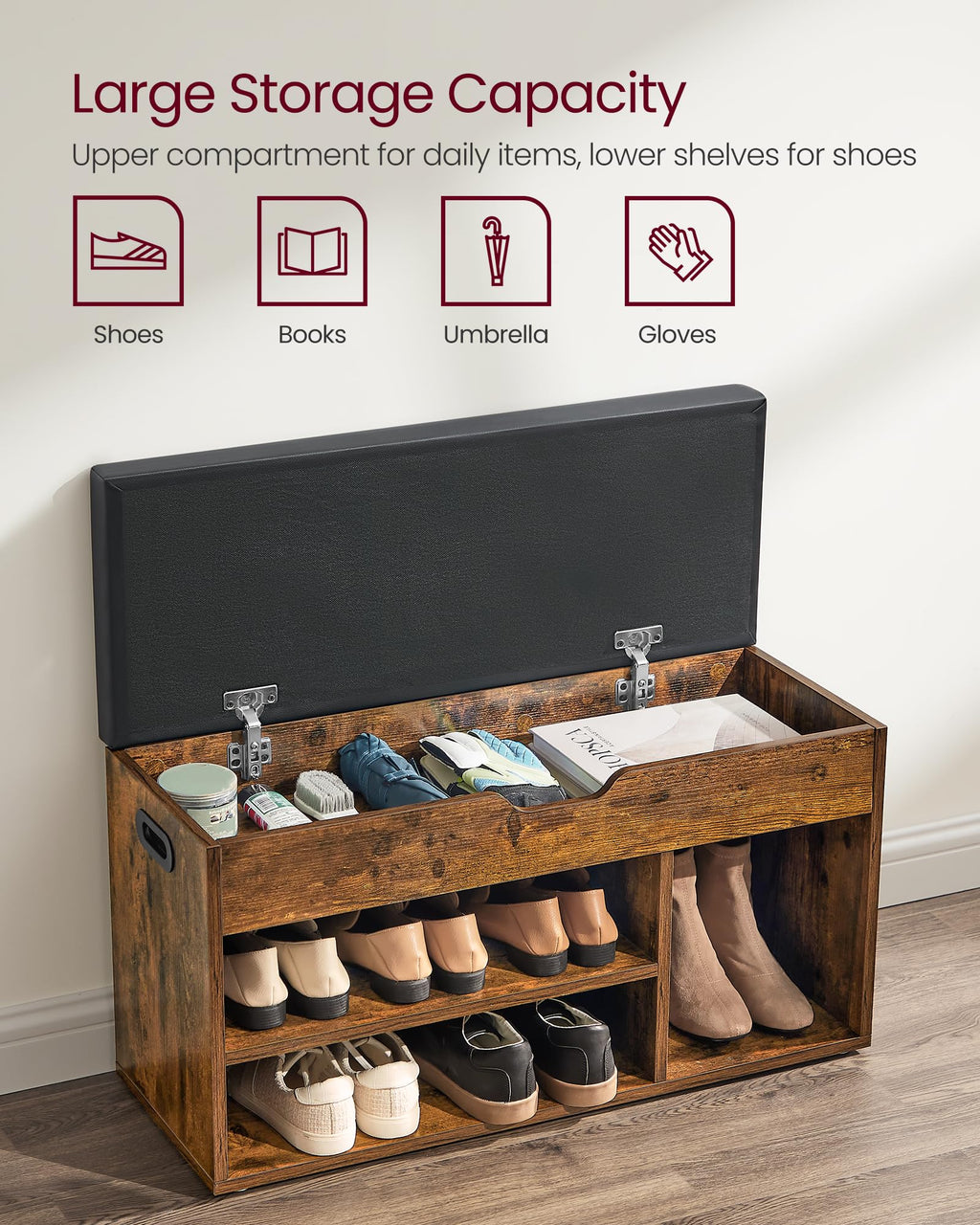 VASAGLE Shoe Bench with Padded Seat and Hidden Storage – Rustic Brown