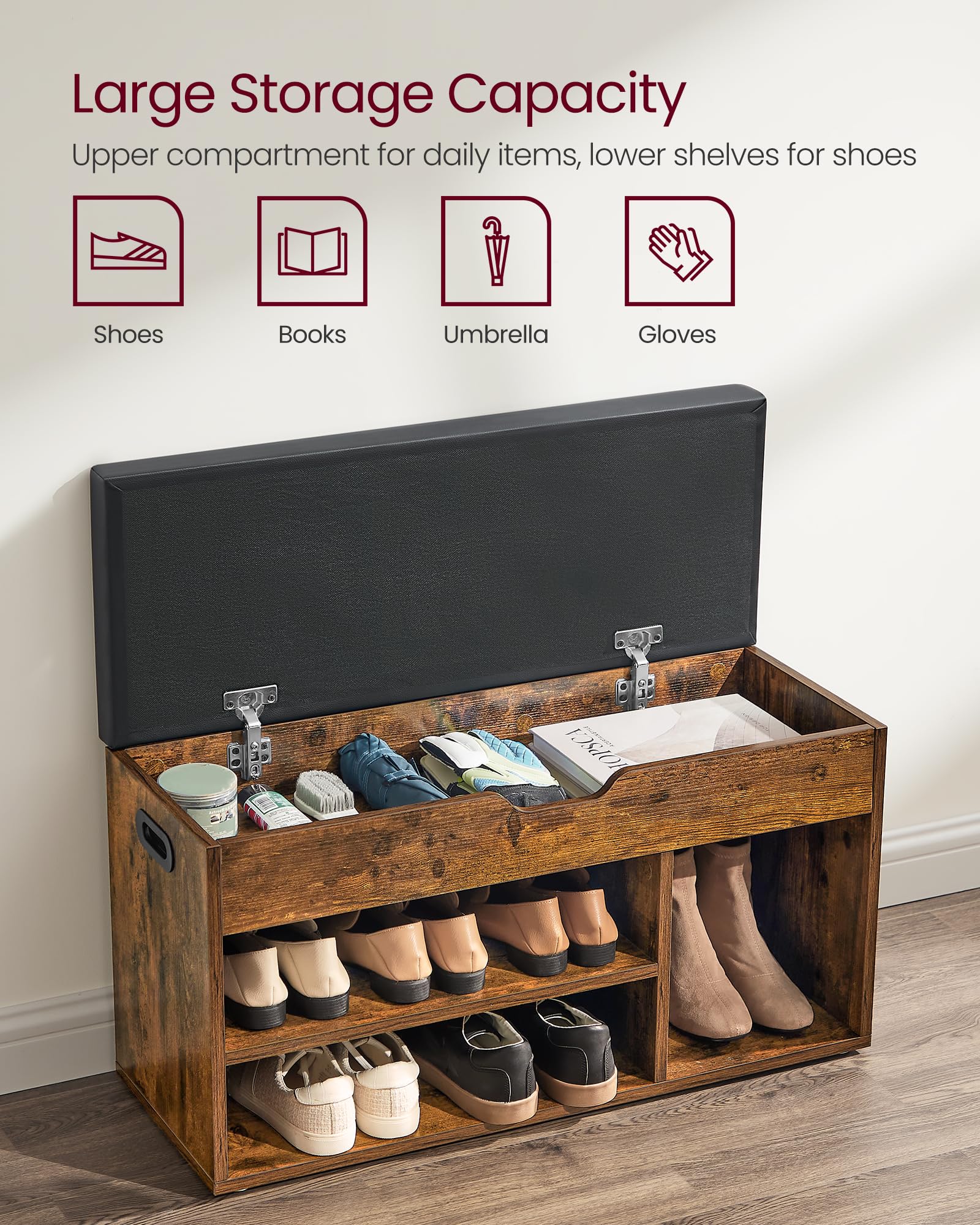 VASAGLE Shoe Bench with Padded Seat and Hidden Storage – Rustic Brown