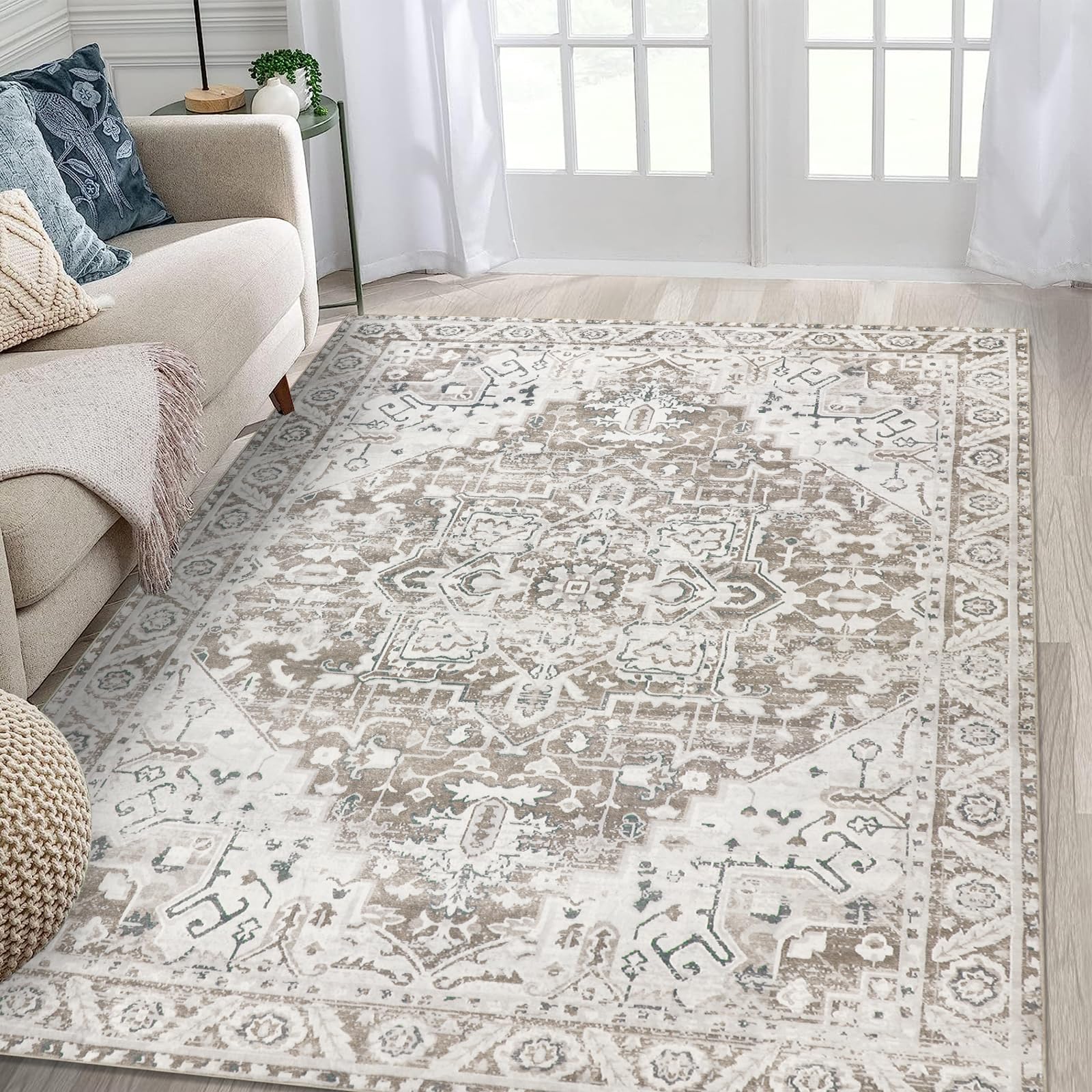 Famibay Vintage Area Rug | 160x230 Machine Washable Non-Slip Carpet