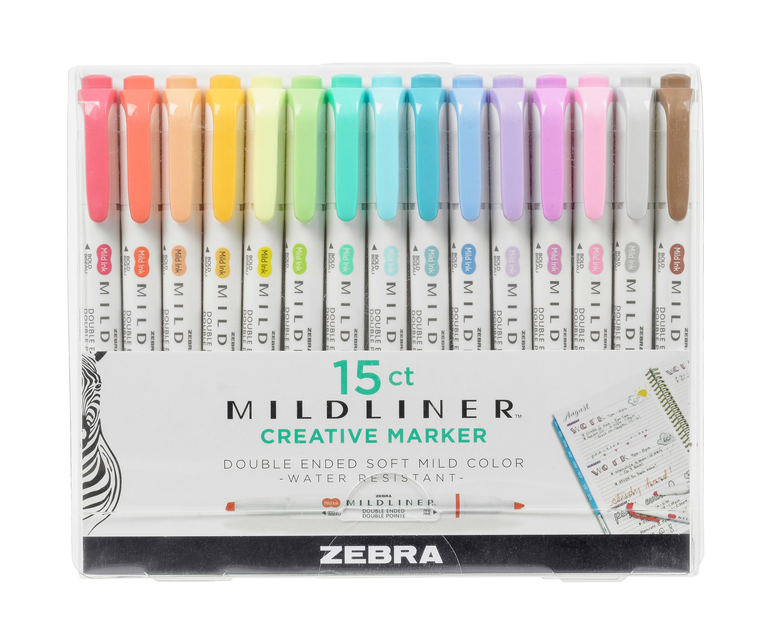 Zebra Mildliner Double Ended Creative Markers, 15 Pack - Soft Mild Colors