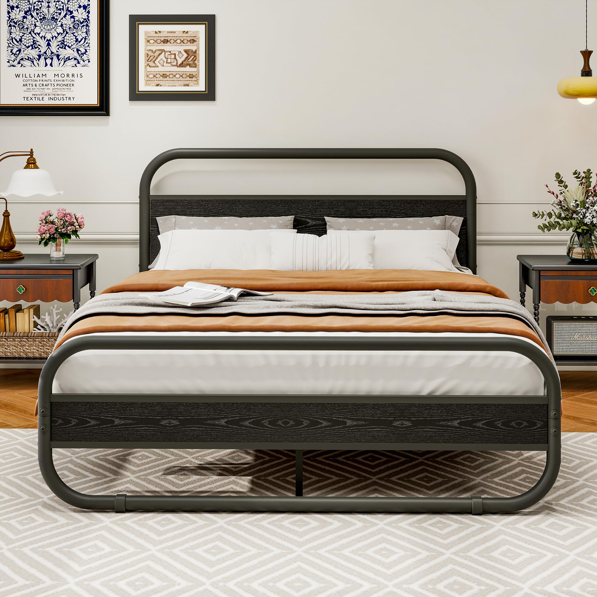 Diahomy King Size Metal Platform Bed Frame with Wood Headboard