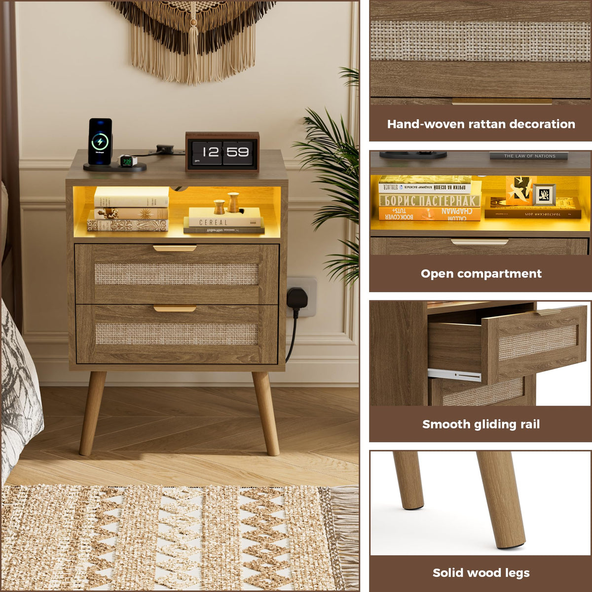 BonVache Bedside Tables Set of 2, Adjustable Lighting, Nightstand with LED Lights and Charging Station, Open Compartment and 2 Rattan Drawers - image 5