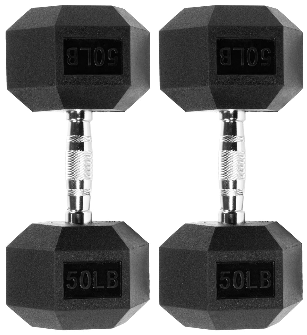 Signature Fitness Rubber Encased Hex Dumbbell Pair, 50LB Weights