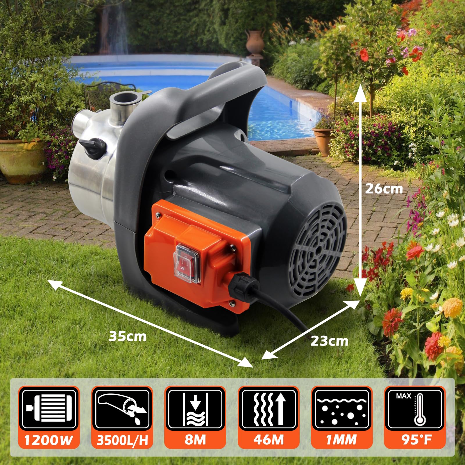 VEATON 1200W Garden Booster Jet Pump | 3500L/H Stainless Steel Pressure Pump