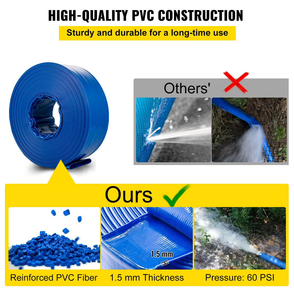 VEVOR 4" PVC Lay Flat Discharge Hose – 105' Heavy Duty Backwash Drain