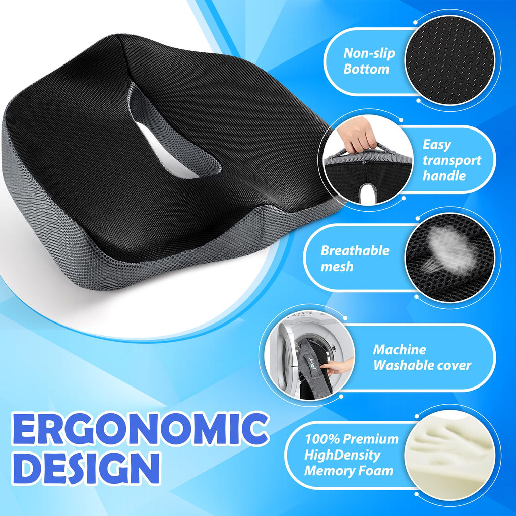 POOTACK Memory Foam Seat Cushion – Ergonomic Coccyx & Sciatica Support