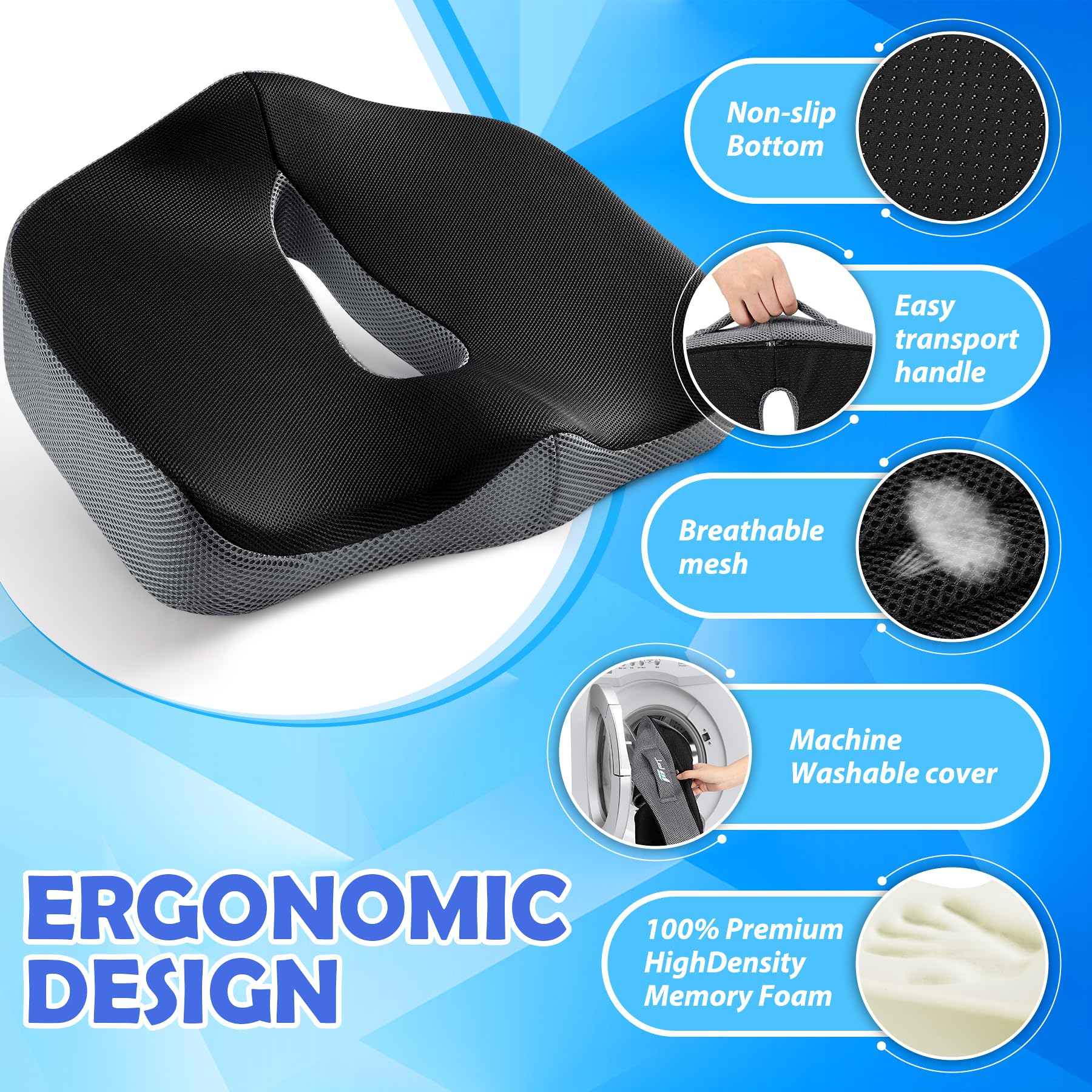 POOTACK Memory Foam Seat Cushion – Ergonomic Coccyx & Sciatica Support