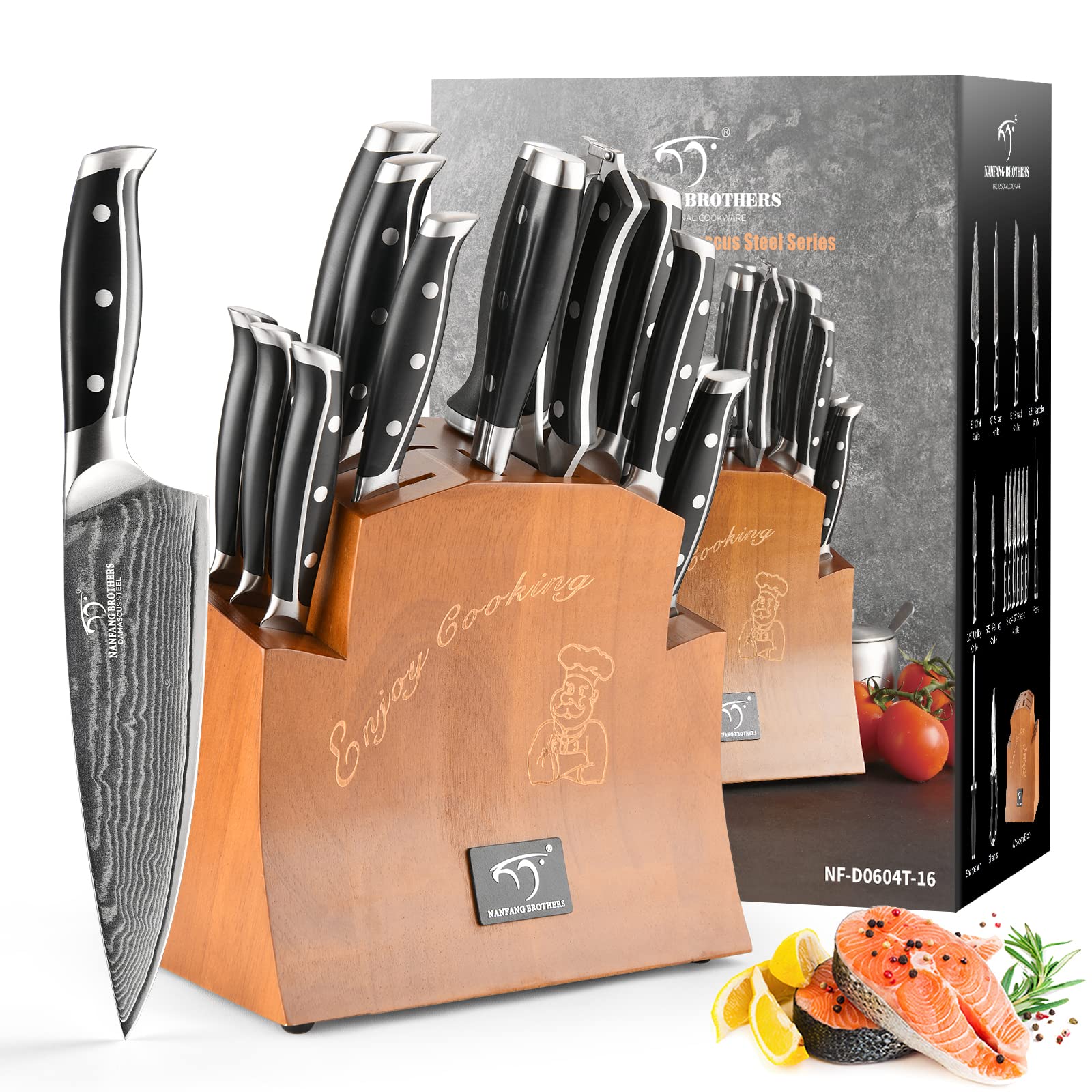 Nanfang Brothers 16-Piece Damascus Kitchen Knife Set with Block