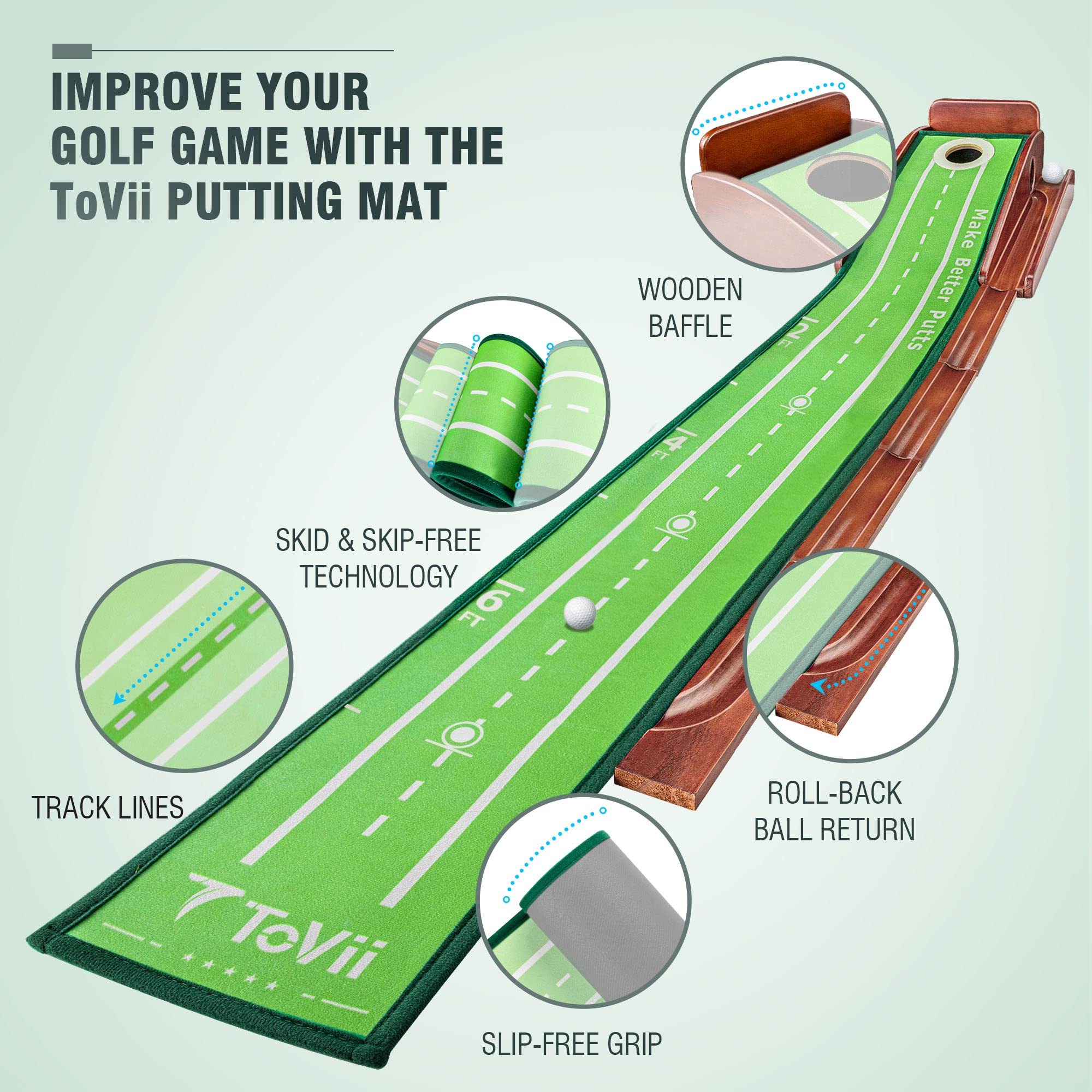 ToVii Golf Putting Mat – Pine Wood Practice Green with Auto Ball Return