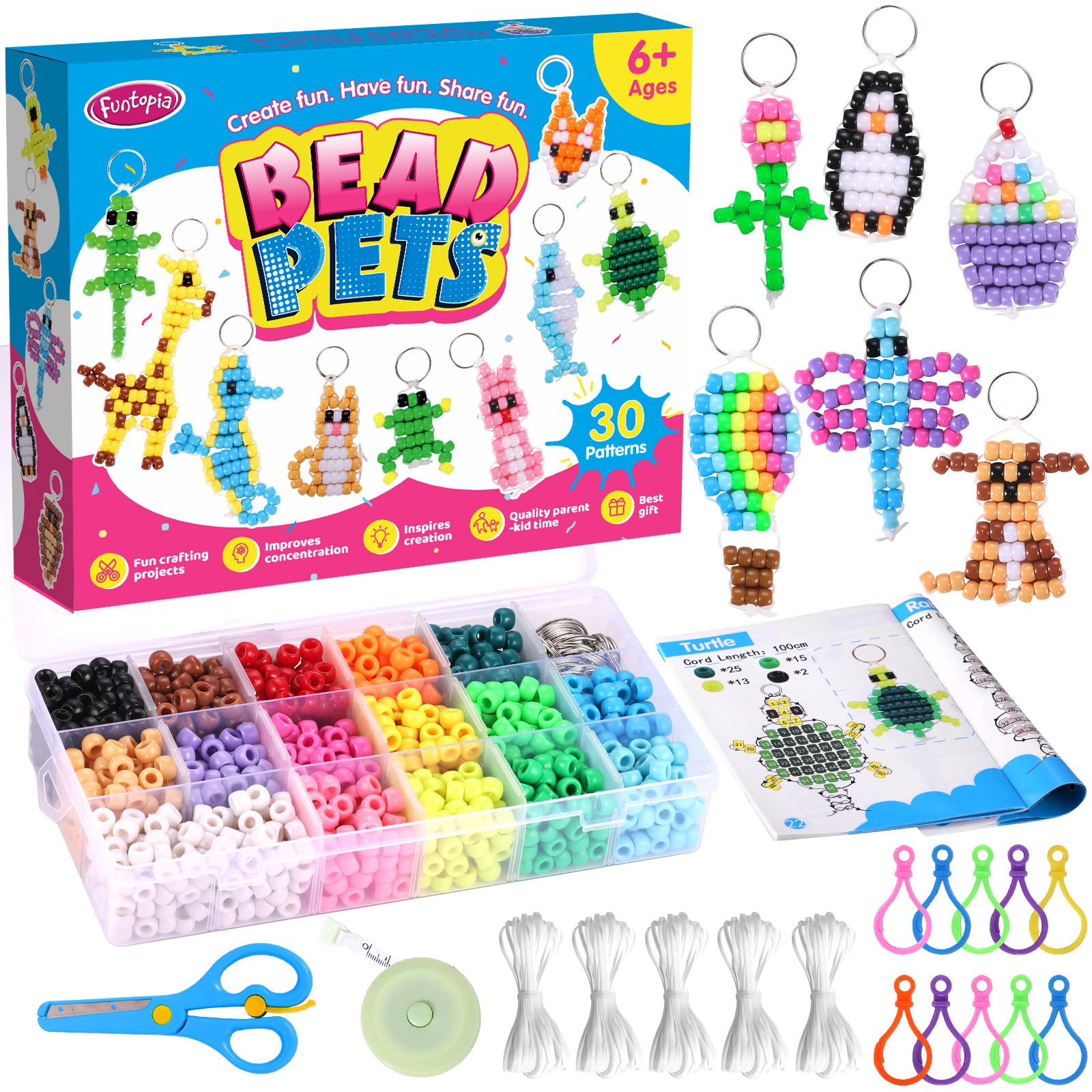 Funtopia Pony Beads Craft Kit - 1500+ Pcs Kandi Keychain Making Set