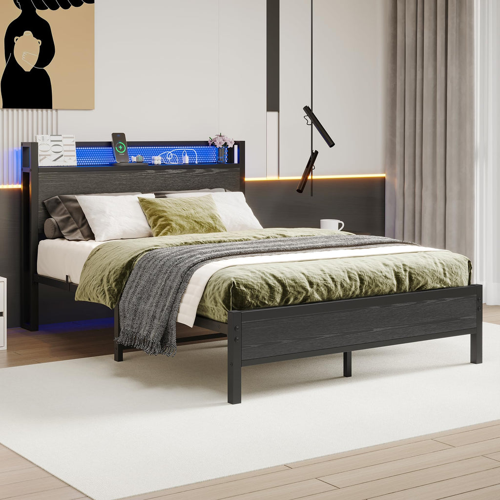 Diahomy 4ft6 Double Bed Frame with Storage Headboard&LED Lights,Black