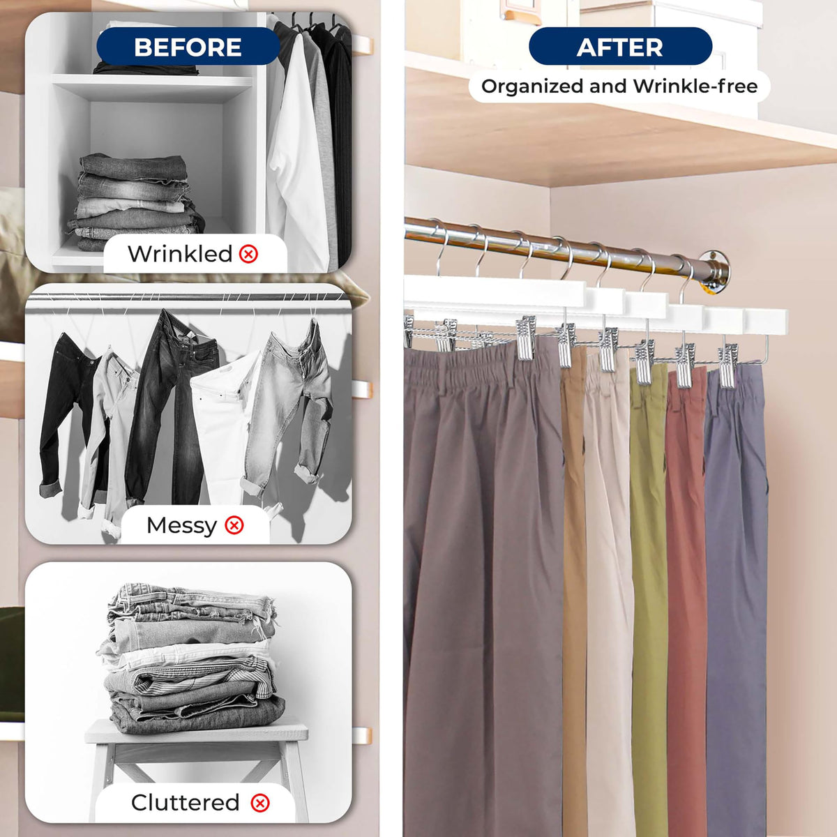 SereneLife 20pcs White Wooden Trouser Hangers, 35cm Anti-Slip Clips - image 5