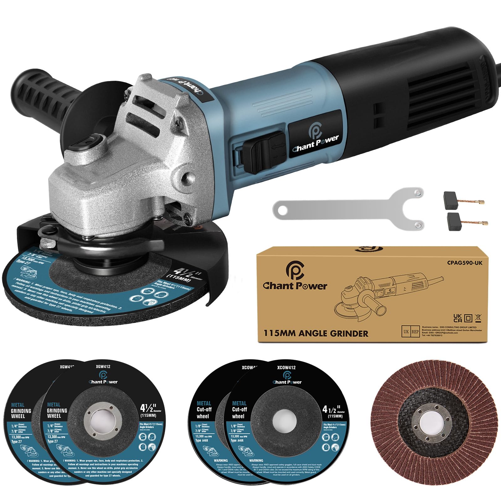 C P CHANTPOWER 900W Corded Angle Grinder – 115mm with 5 Accessories