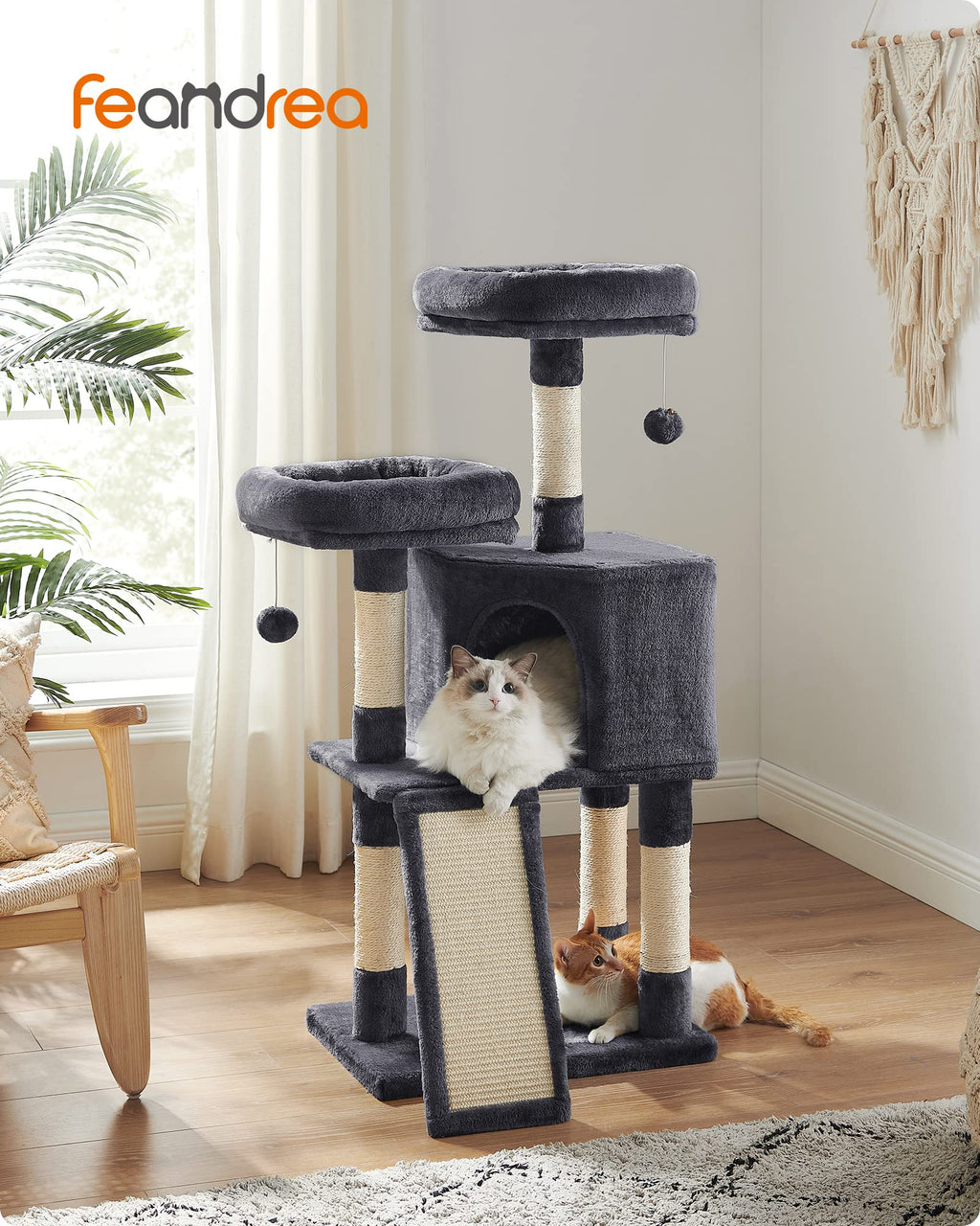 FEANDREA Cat Tree – 115cm Cat Condo with Scratching Ramp, Smoky Grey