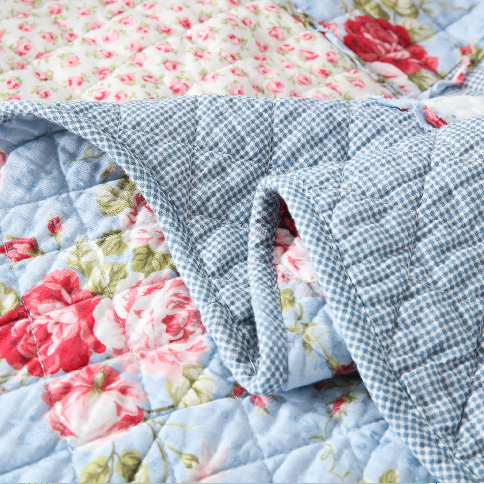 Qucover Single Patchwork Quilt – Blue Floral Cotton Bedspread 150x200cm