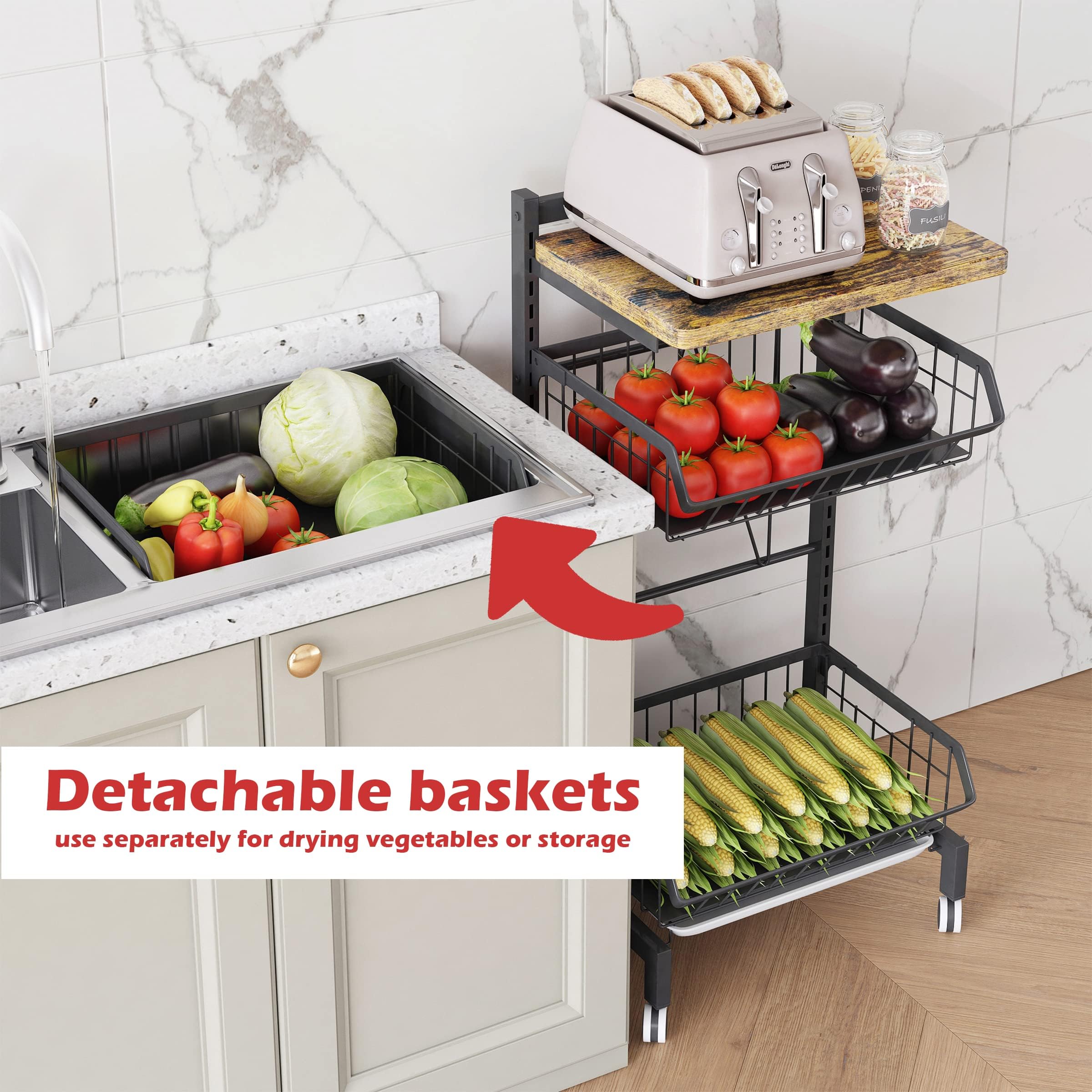 UMDONX 4-Tier Kitchen Vegetable Storage Trolley | Black Metal Rolling Cart