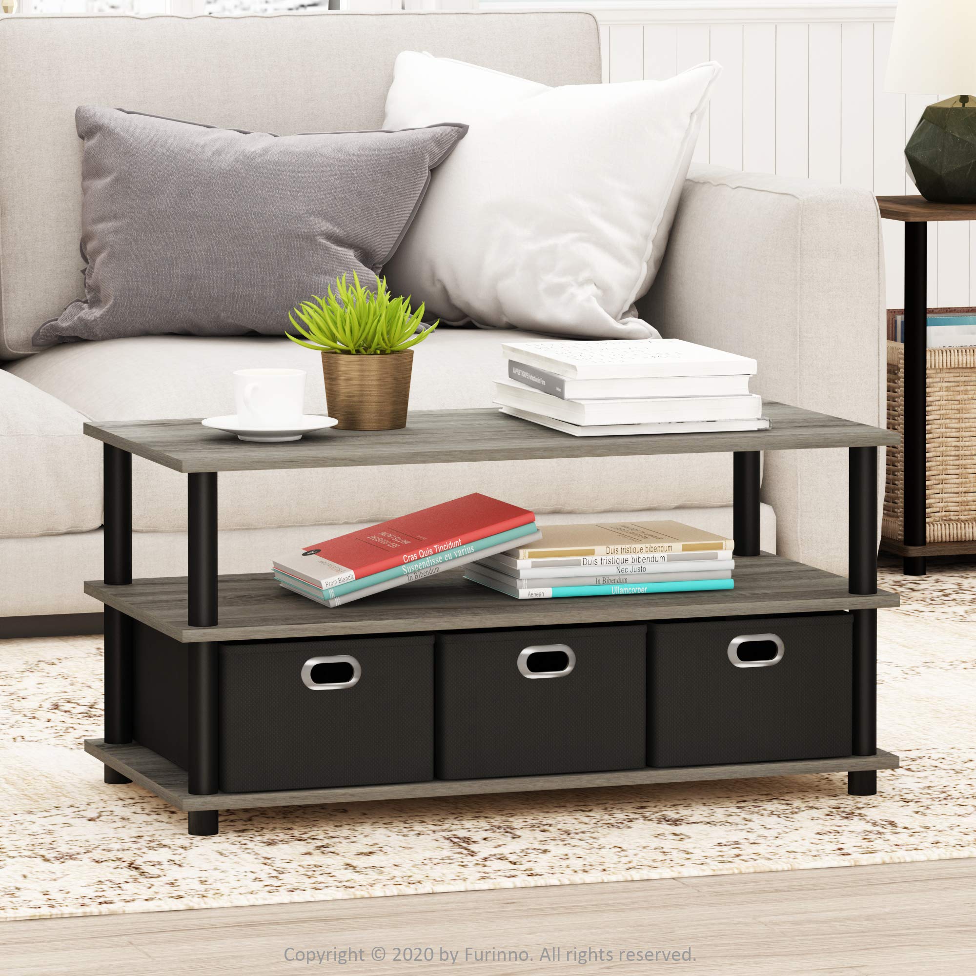 Furinno Frans Turn-N-Tube Coffee Table with Storage Bins - French Oak Grey