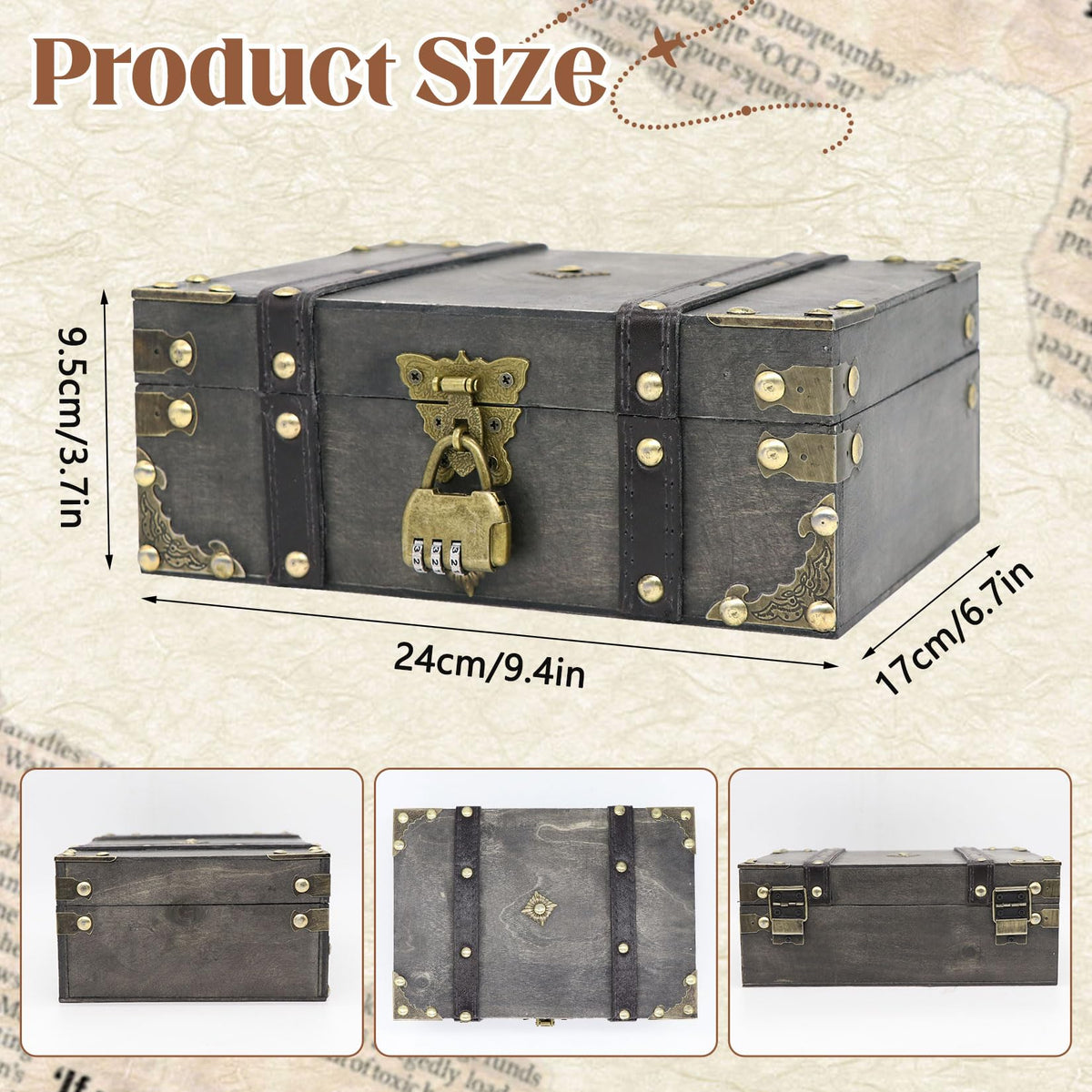 Forbabe Wooden Treasure Chest 24 x 17 x 10 cm - Vintage Treasure Chest with Lock - image 2