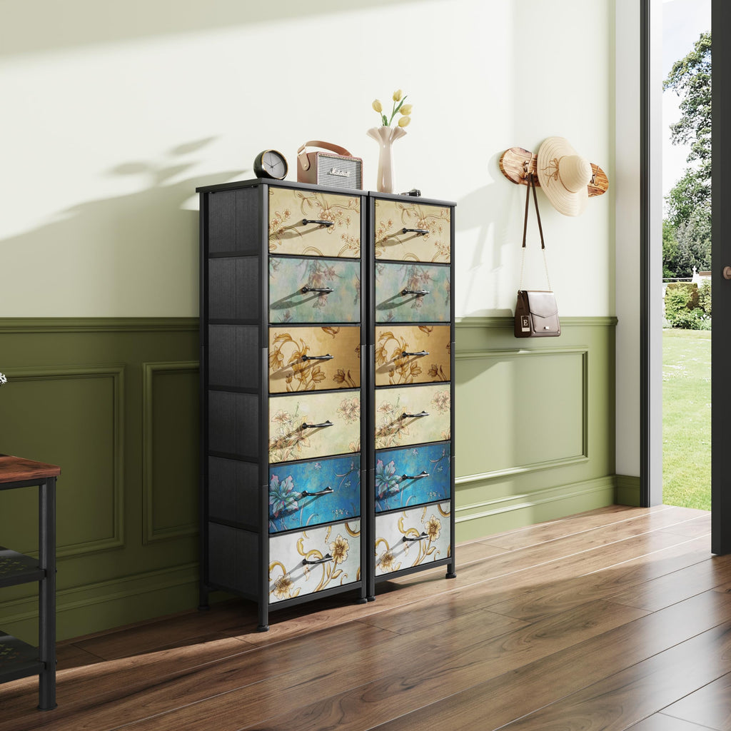 CAIYUN 6-Drawer Tall Fabric Dresser – Floral Print Chest of Drawers