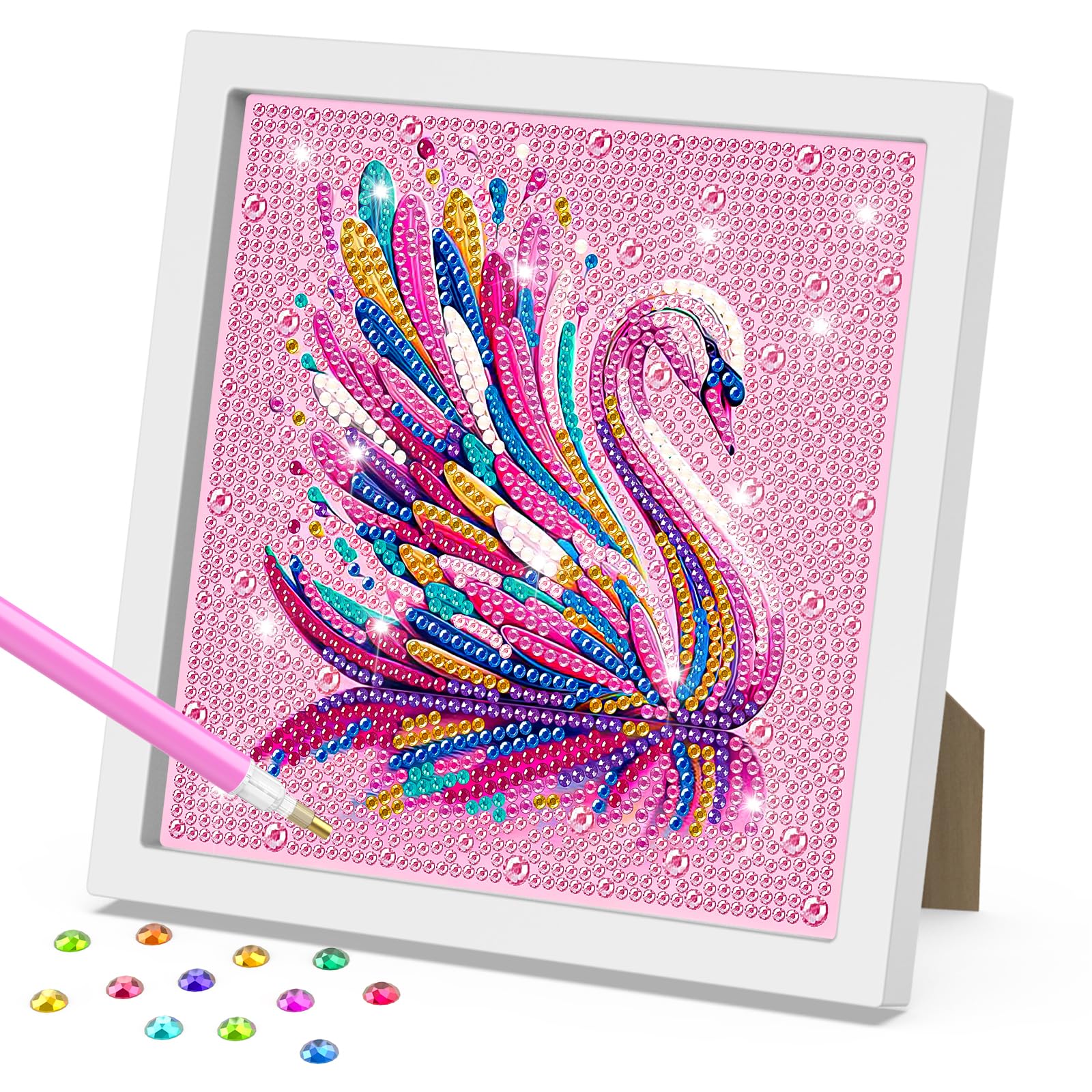 DOMROM Colorful Swan Diamond Painting Kit with Frame for Kids Ages 6-12