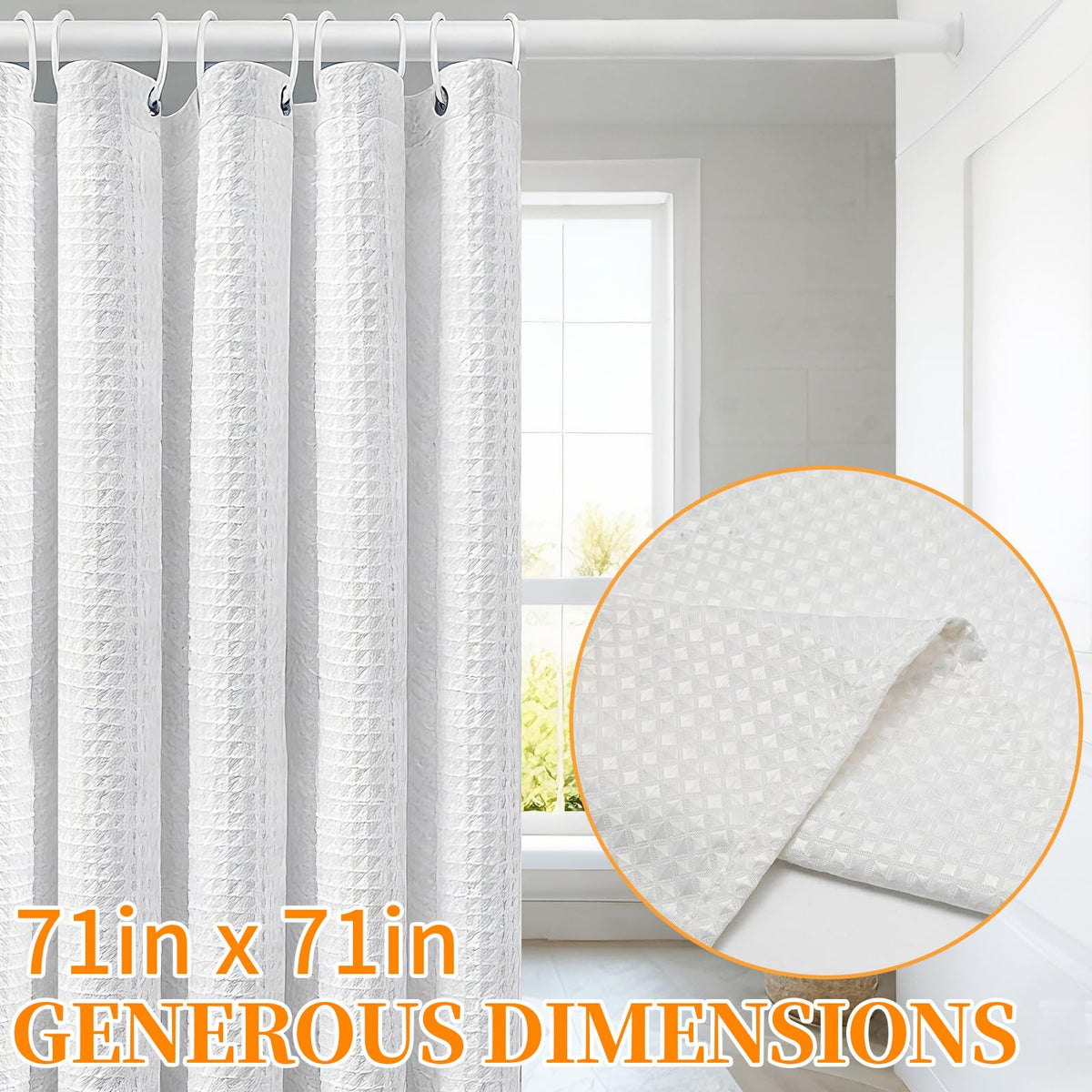 MospdyGear Water and Mould Proof Shower Curtain, White Waffle Weave Machine Washable 180x180cm with Hooks, Easy Clean Bathroom Decor - image 5