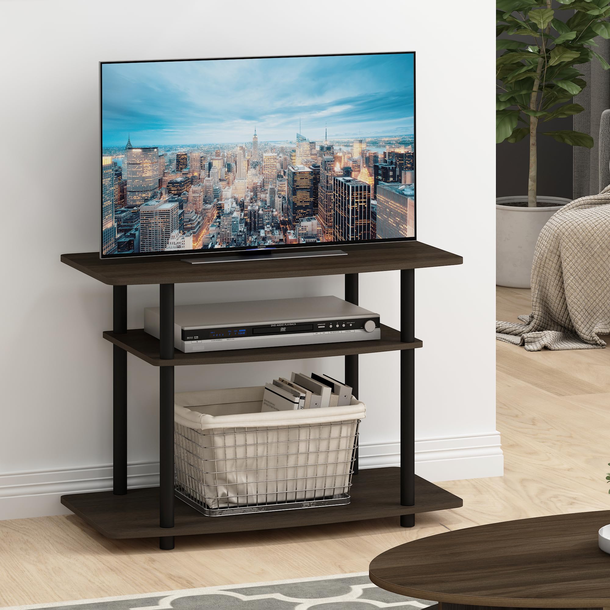 Furinno 3-Tier TV Stand – Tool-Free Entertainment Center, Dark Brown