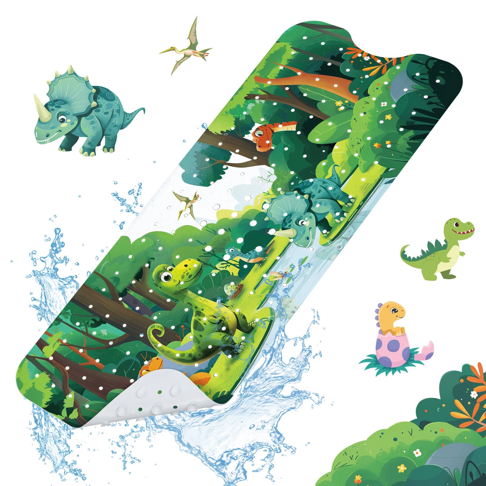 SHUCHING Dinosaur Kids Bath Mat – Extra Long 100x40cm Non-Slip PVC Mat