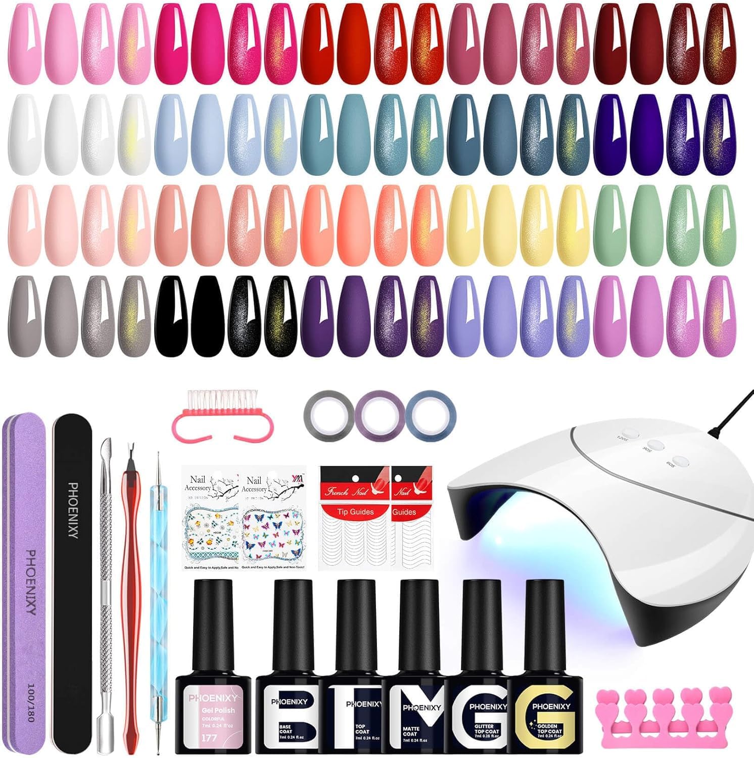 Phoenixy 25Pcs Gel Nail Polish Set with 36W Lamp - 20 Colors & Top Coats