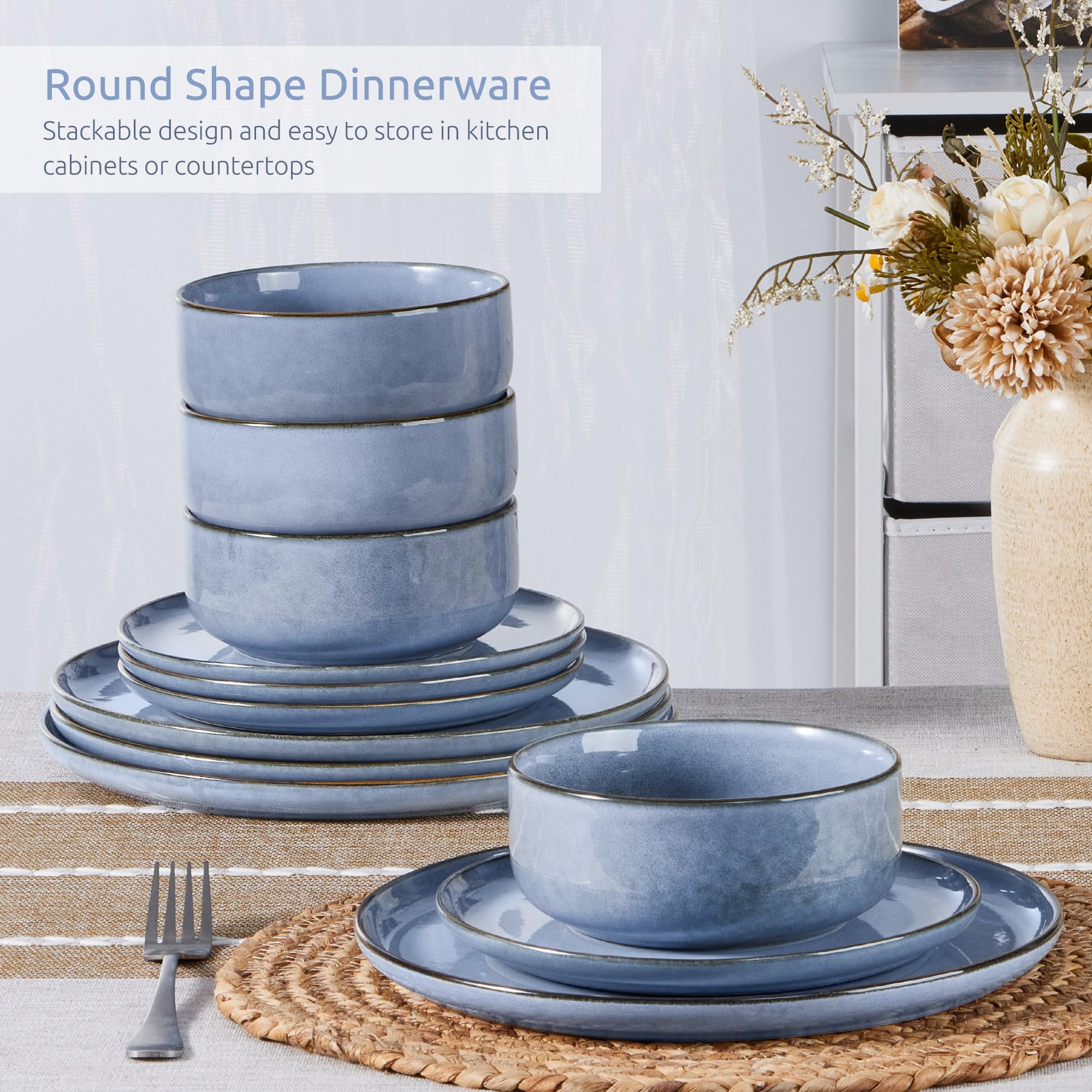 Homikit 12-Piece Stoneware Dinner Set – Reactive Glaze Blue Dinnerware
