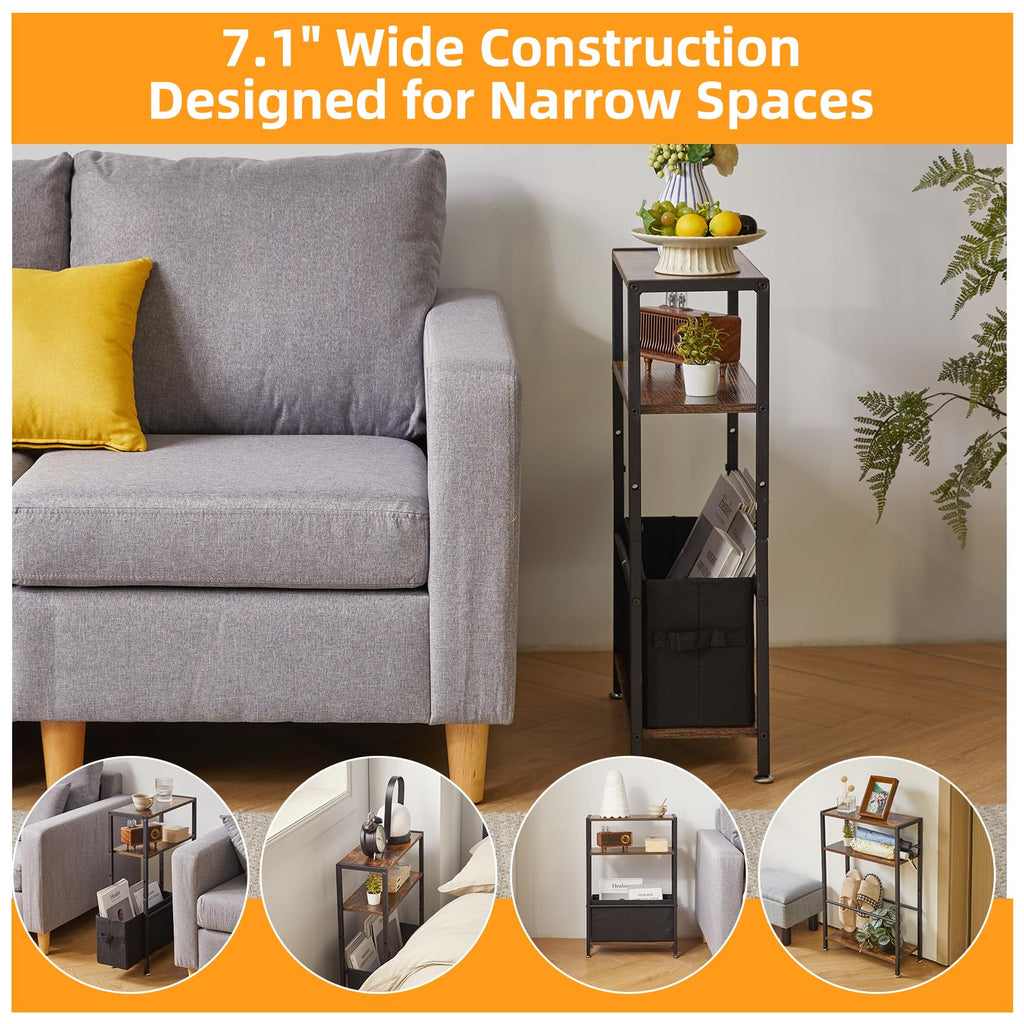 Aibiju Narrow Side Table – 3-Tier Slim End Table with Storage Basket