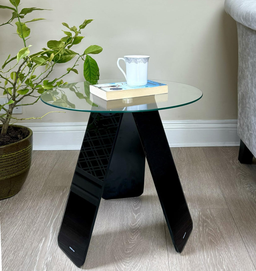 ASPECT Asti Round Side/Laptop/End/Coffeee Table Glass Top Base, Tempered, Clear/Black, 48 diameter x 45H cm