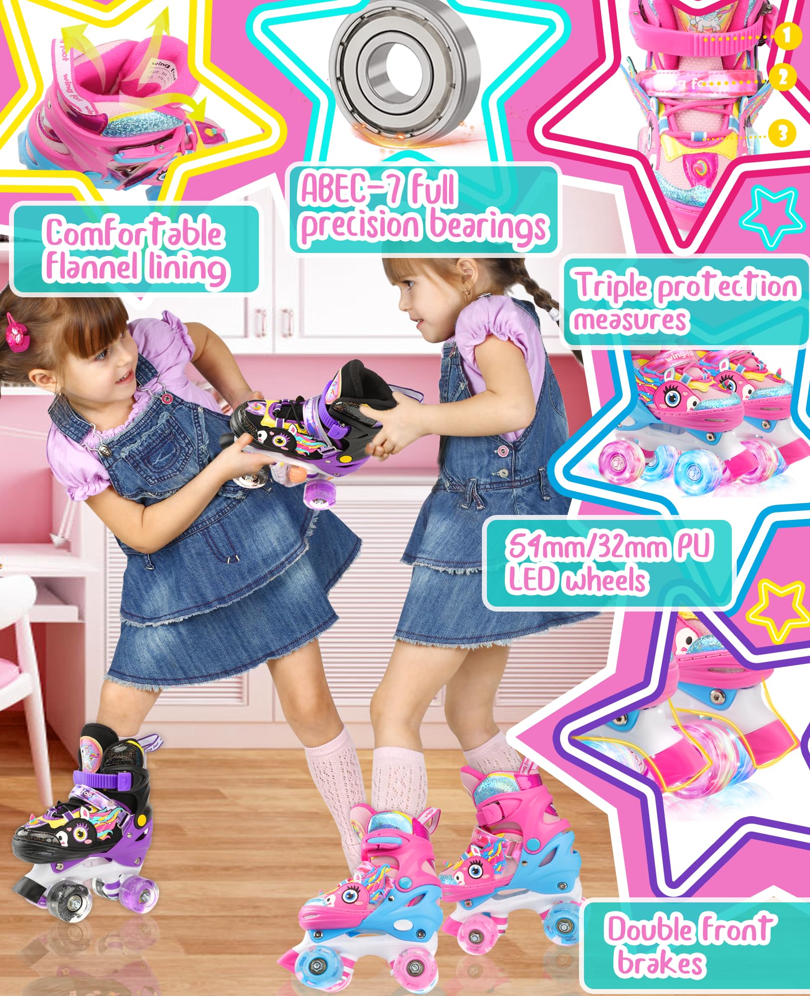 WESKIFAN Girls Unicorn Roller Skates | Adjustable Light Up Quad Skates