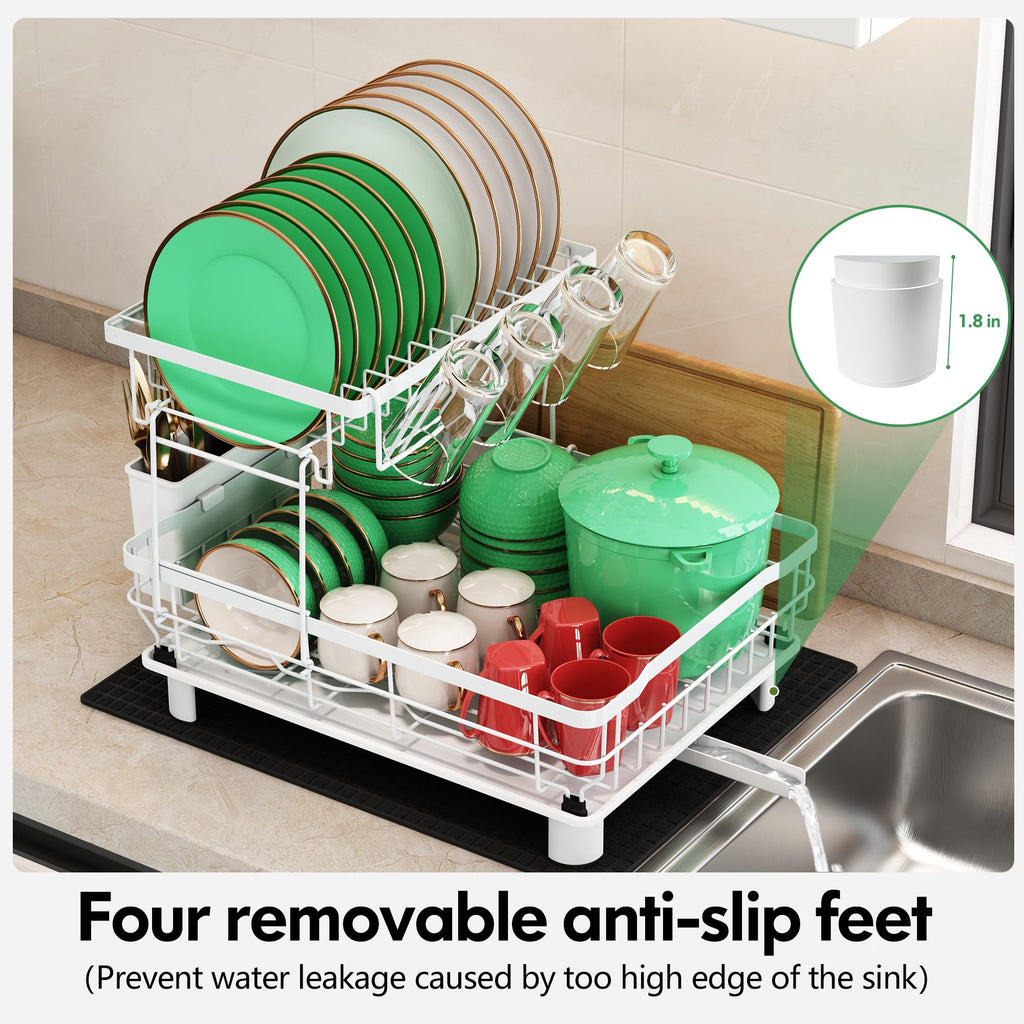 2-Tier Stainless Steel Dish Drying Rack with Swivel Spout