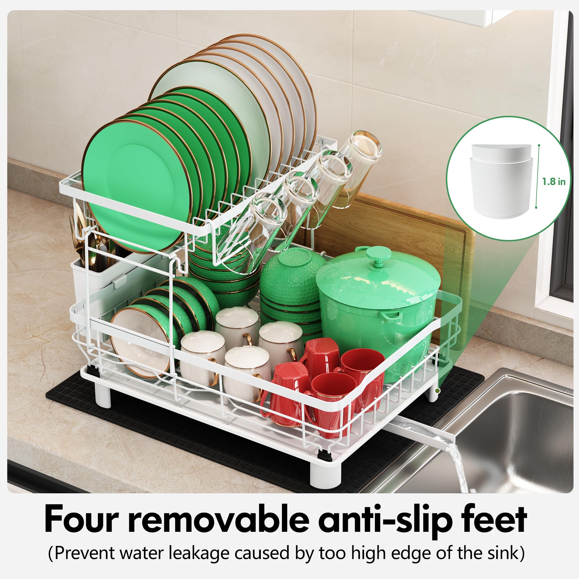 2-Tier Stainless Steel Dish Drying Rack with Swivel Spout