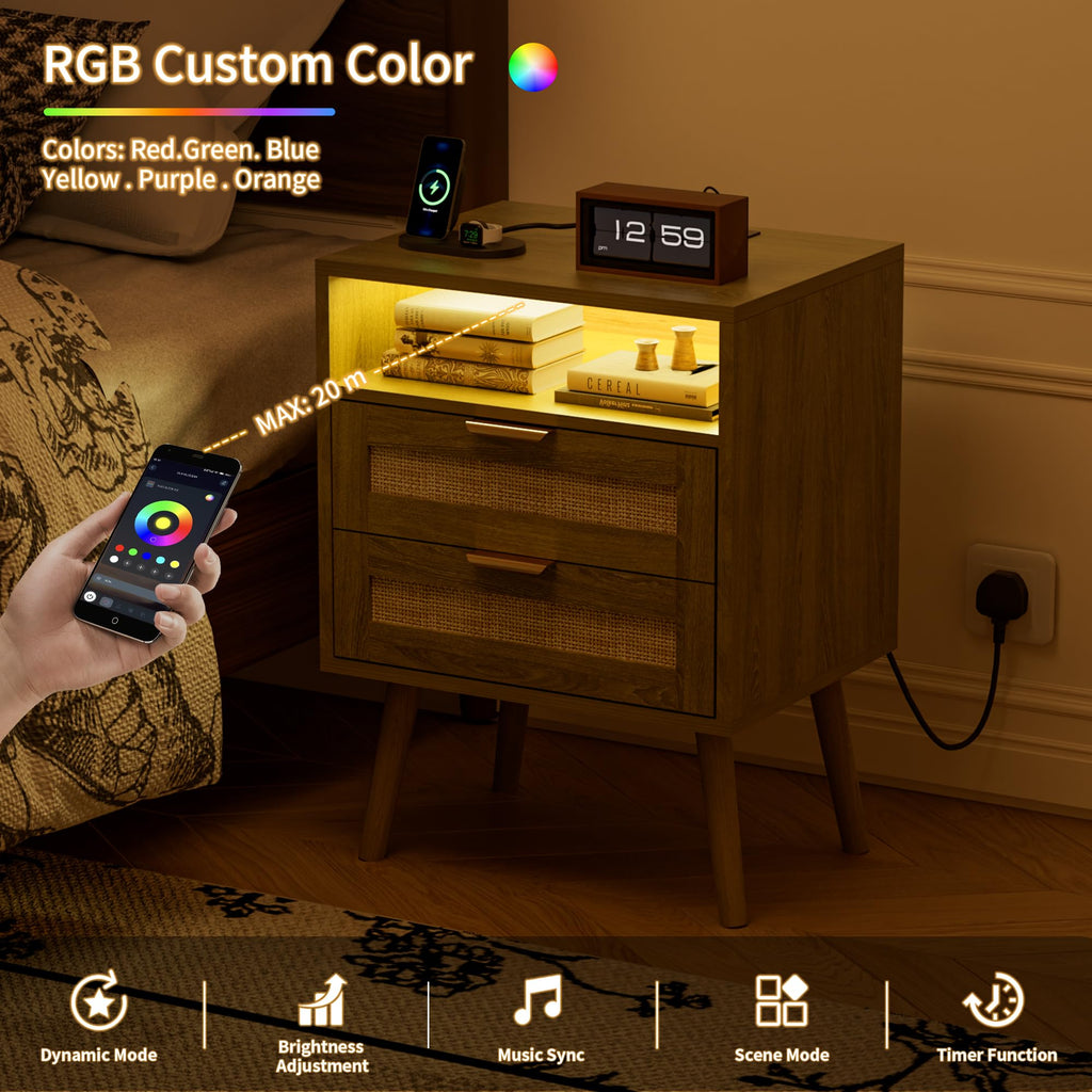 BonVache Bedside Tables Set of 2, Adjustable Lighting, Nightstand with LED Lights and Charging Station, Open Compartment and 2 Rattan Drawers - image 4