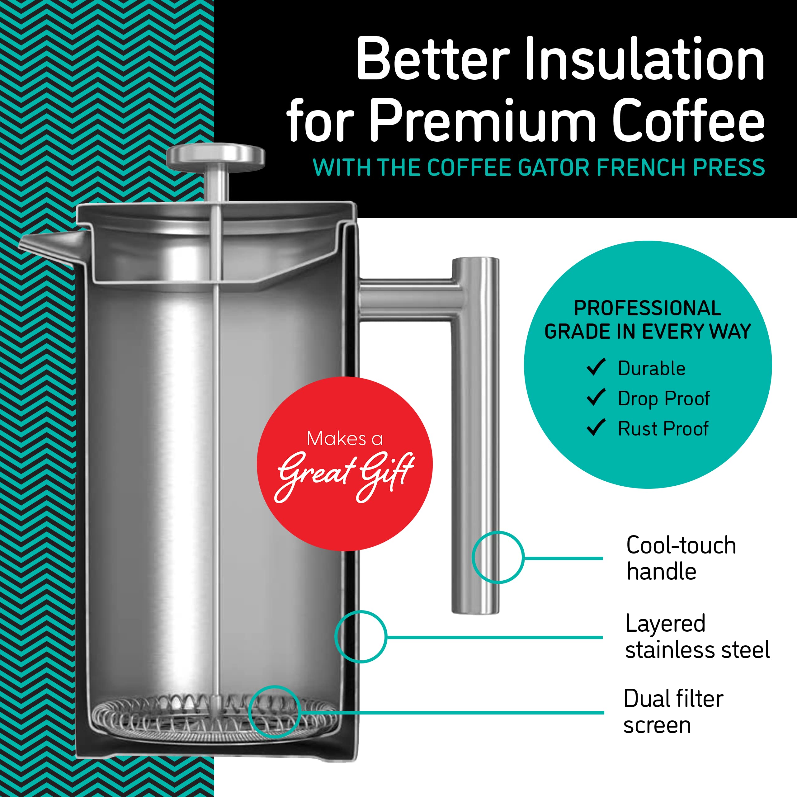 Coffee Gator 1L French Press - Insulated Double-Wall Stainless Steel Maker