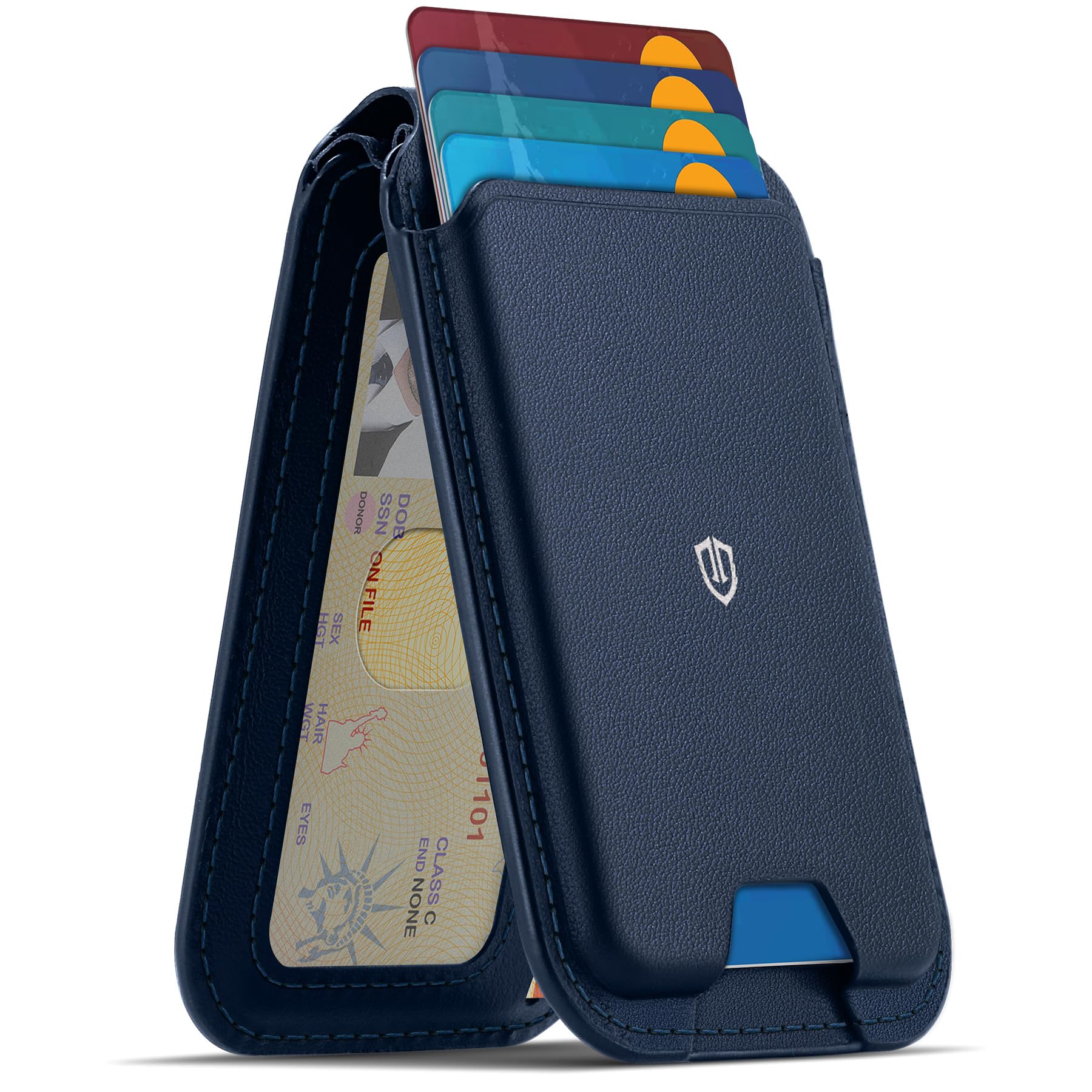 SHIELDON MagSafe Wallet Stand – Genuine Leather RFID Card Holder, Navy Blue