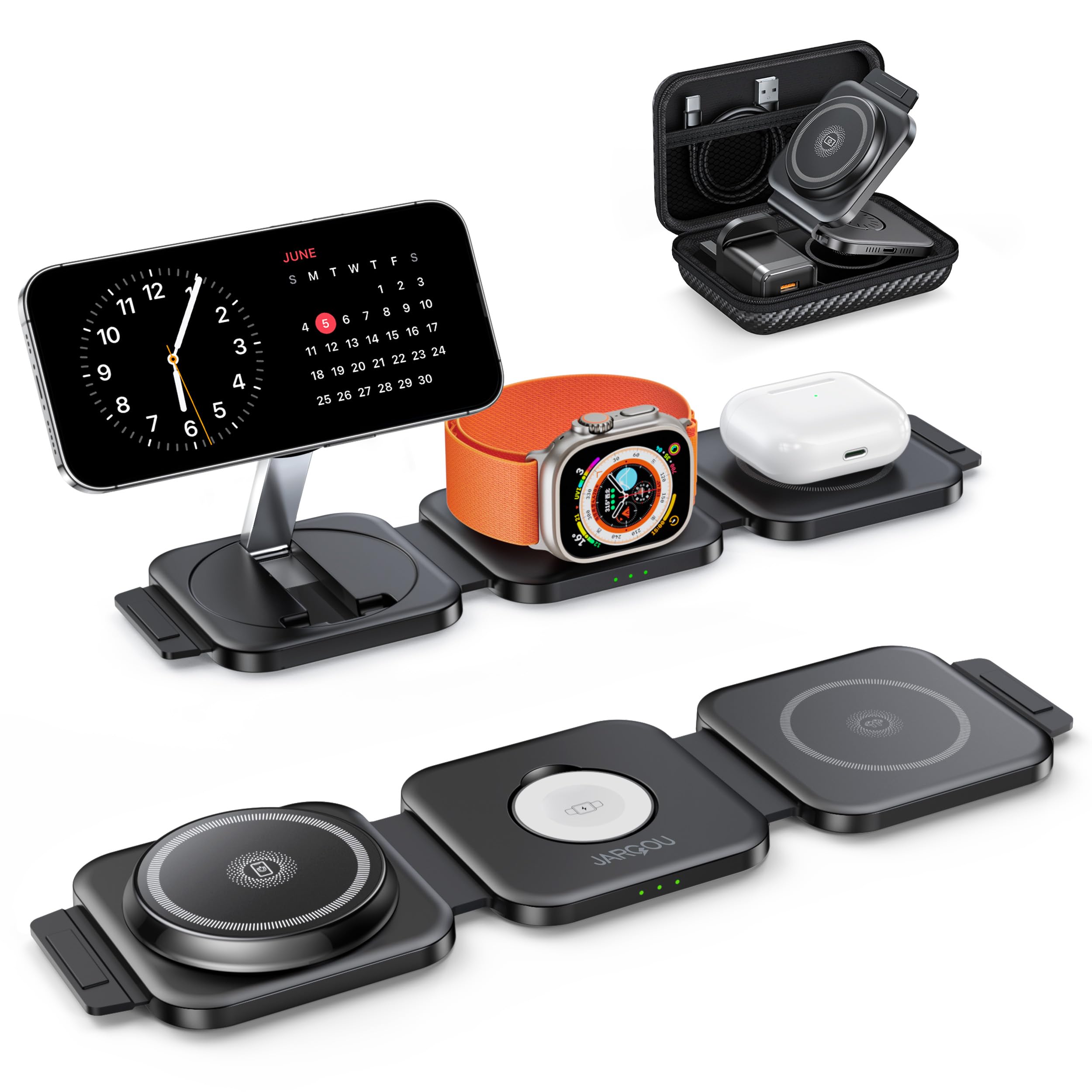 JARGOU 3-in-1 Foldable Wireless Charging Station for iPhone & Apple Watch