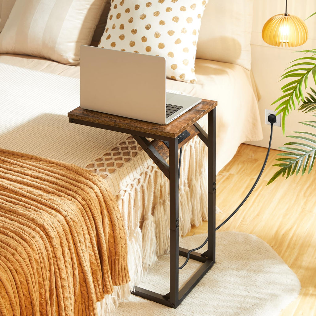 HOOBRO C Shaped Side Table with Charging Station - Rustic Brown & Black