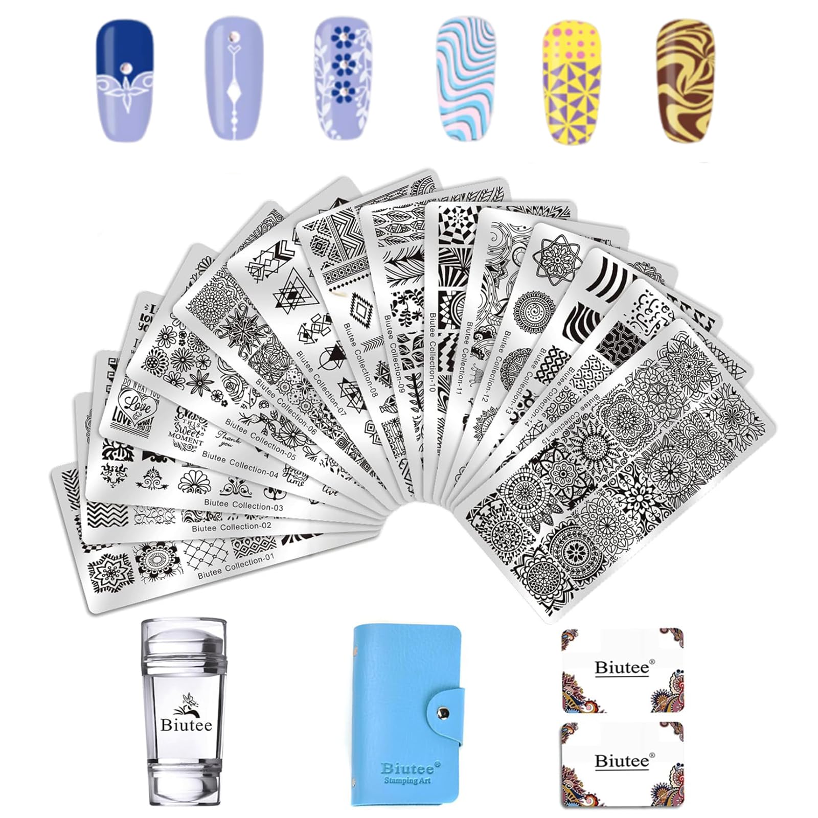 Biutee Nail Stamping Kit - 15 Geometric Plates with Stamper and Scraper
