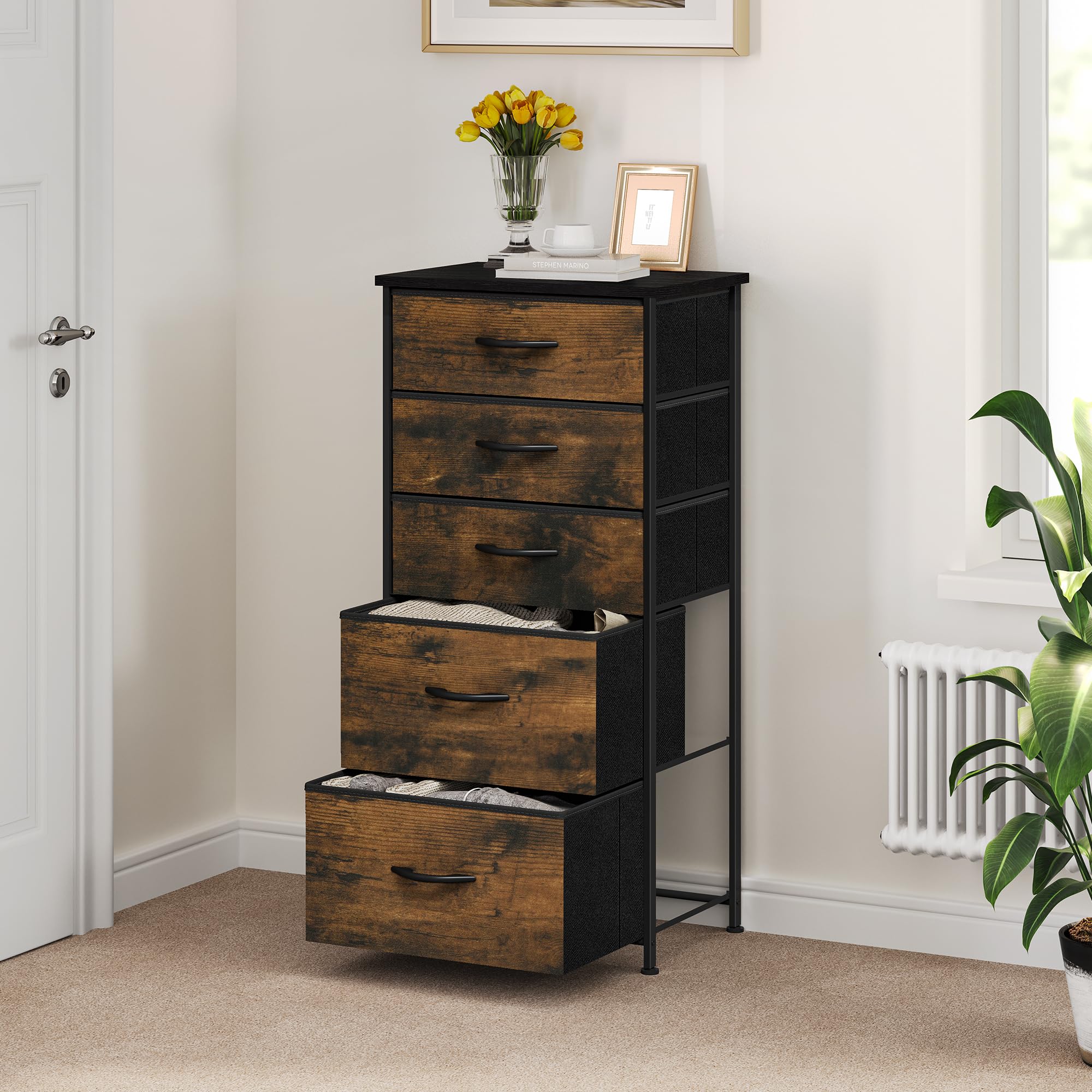 YITAHOME 5-Drawer Fabric Dresser – Rustic Brown Metal Storage Chest