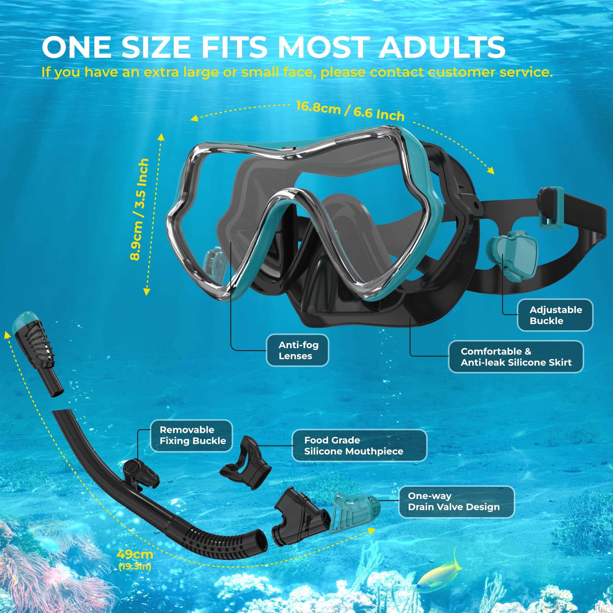 G2RISE SN02 Snorkel Set – Anti-Fog Scuba Mask & Dry Snorkel Gear (2-Pack)