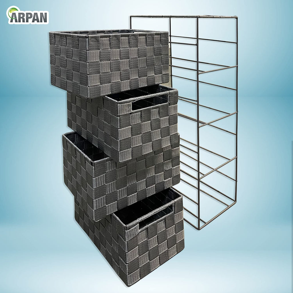 Arpan Grey 4 Drawer Storage Cabinet – Woven Nylon & Metal Frame Unit